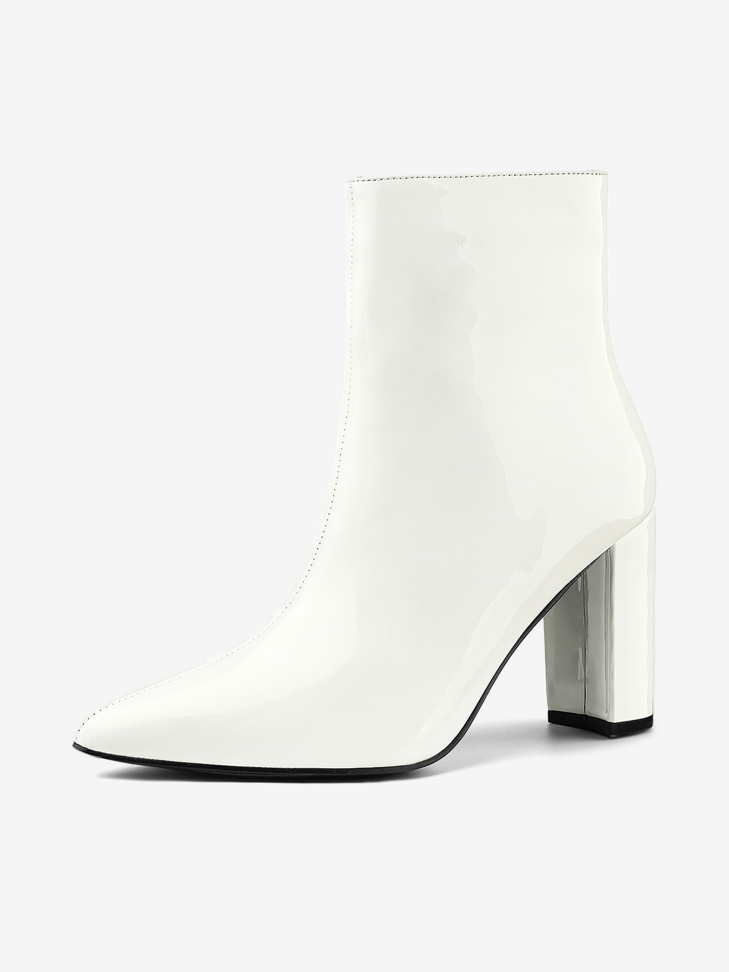 Faux Patent Leather Chunky Heel Pointed Toe Zipper Ankle Boots White/10