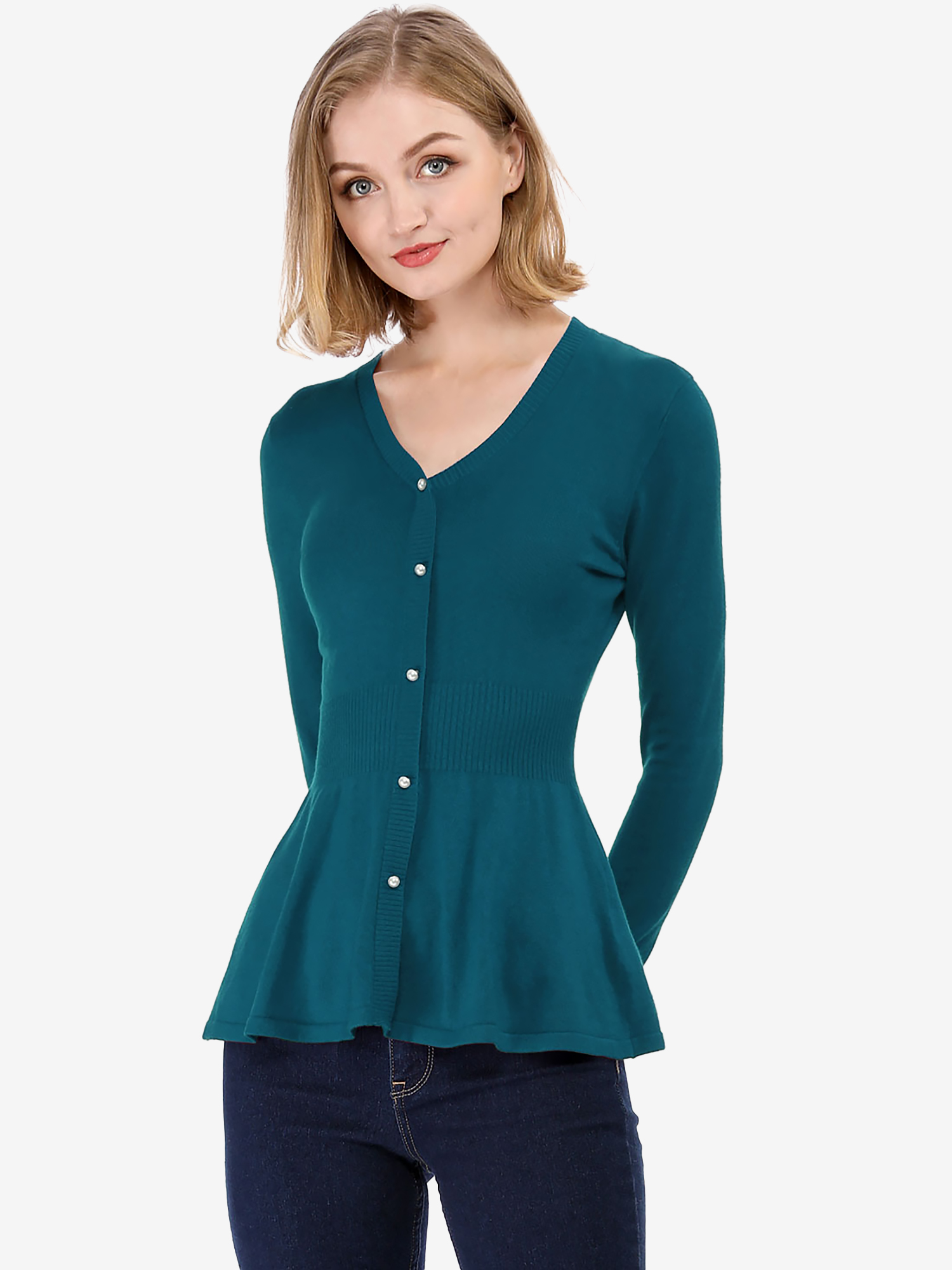V Neck Long Sleeve Ribbed Pullover Knitted Peplum Top Blue Green/S