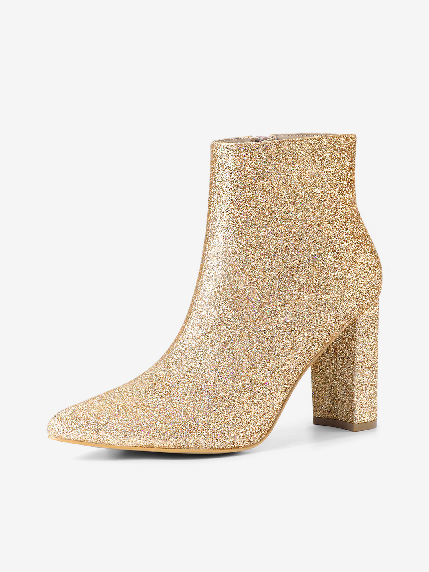 Glitter Pointed Toe Chunky Heel Zipper Ankle Boots Gold/8