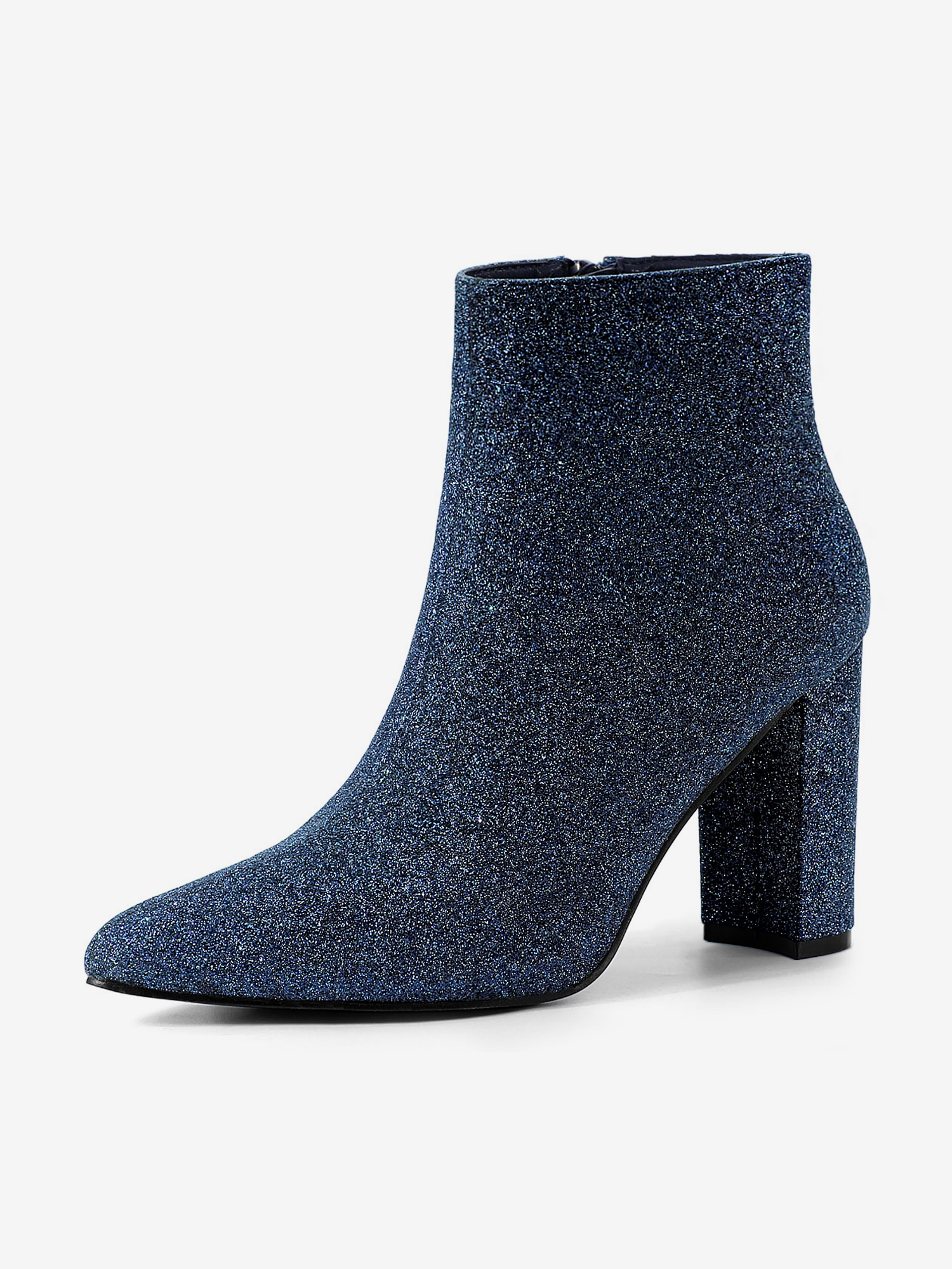 Glitter Pointed Toe Chunky Heel Zipper Ankle Boots Navy Blue/8