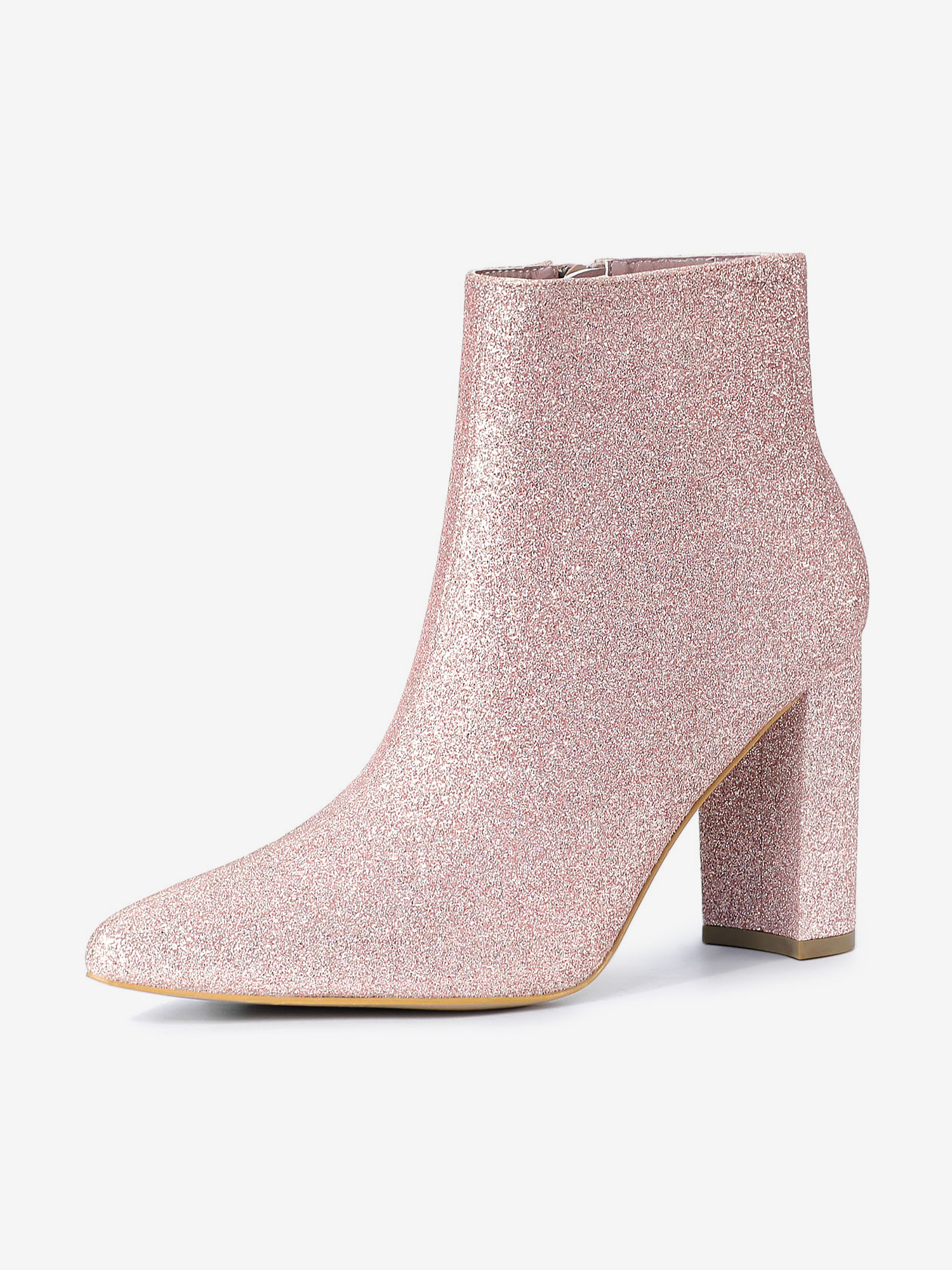 Glitter Pointed Toe Chunky Heel Zipper Ankle Boots Pink/5.5