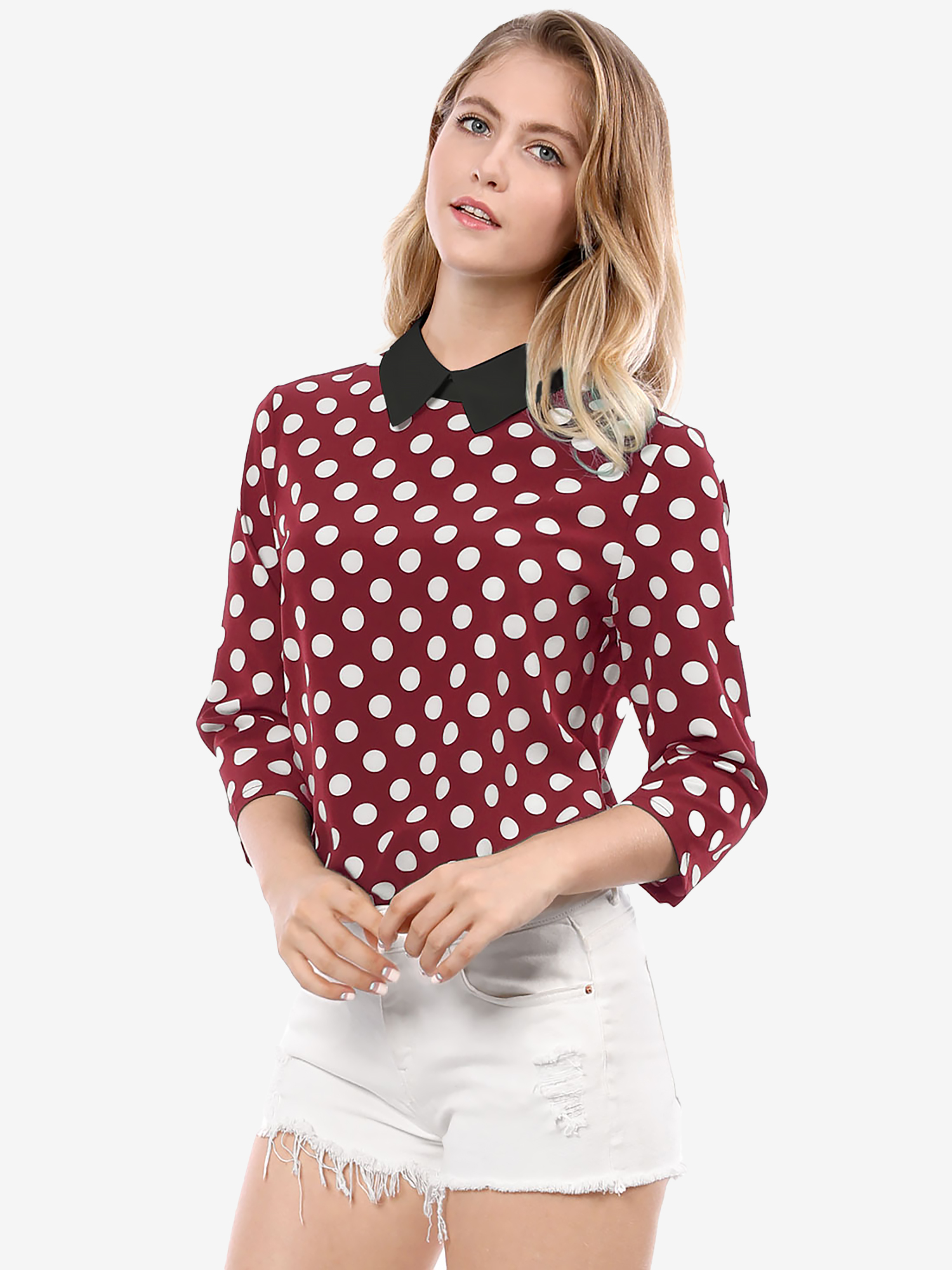 Polka Dots Contrast Peter Pan Collar Top 3/4 Sleeve Blouse Shirt Red/M