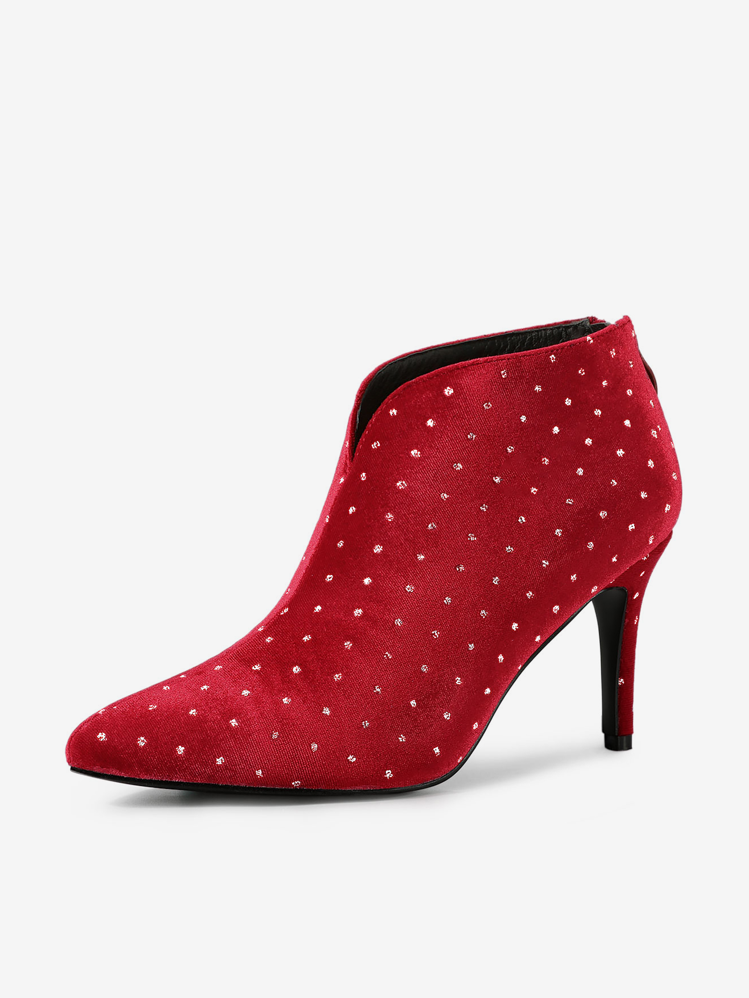 Velvet Polka Dot V Cutout Pointed Toe Heel Ankle Boots Red/6.5