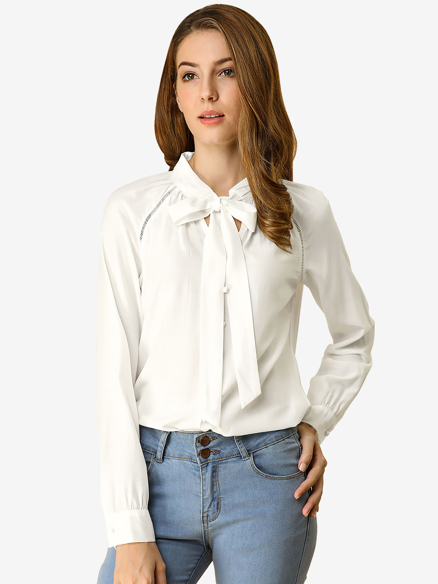 Office Long Sleeve Button Decor Elegant Bow Tie Neck Blouse White/XL