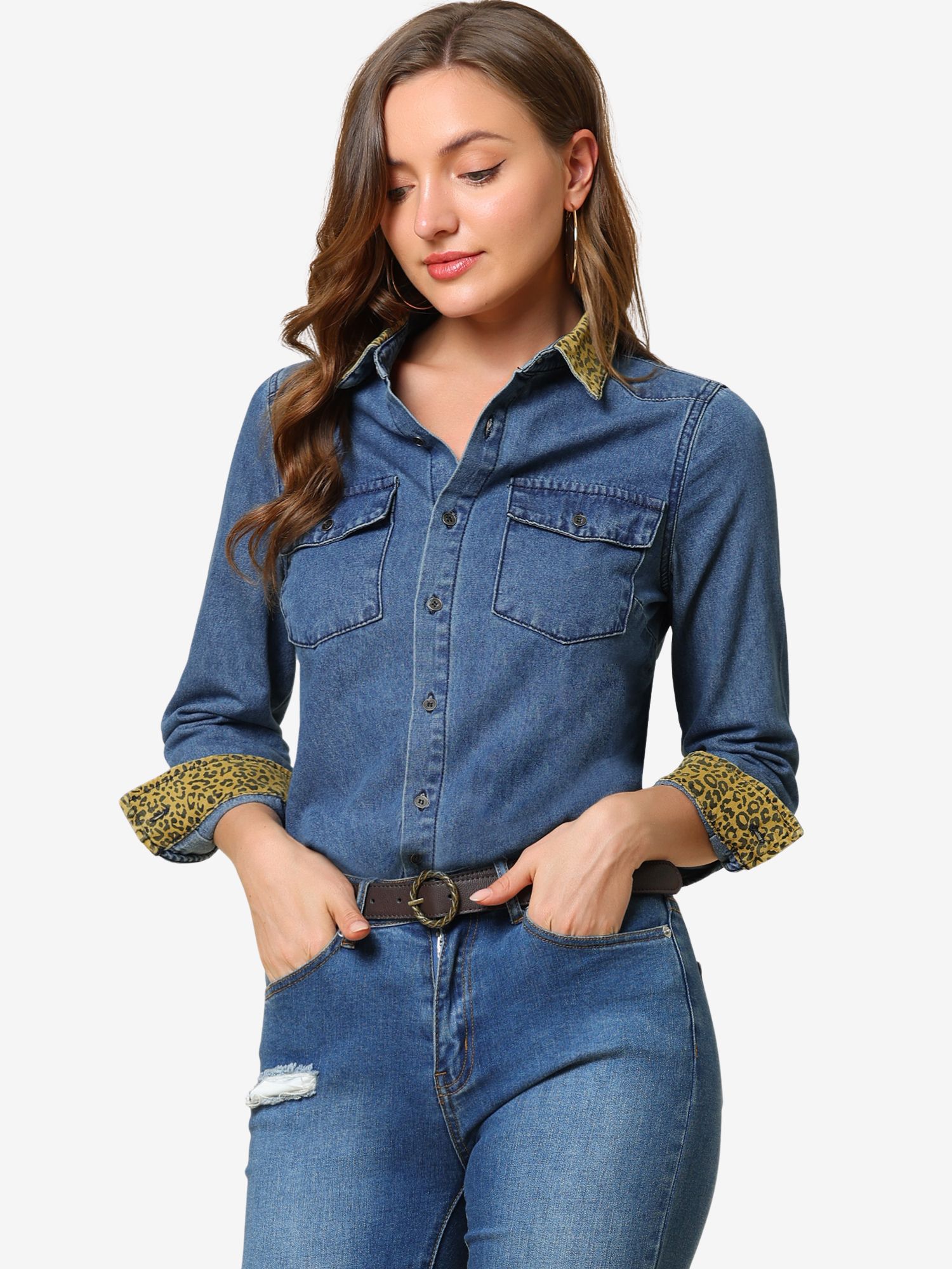 Button Up Jean Shirt Long Sleeve Leopard Denim Jacket Dark Blue/S