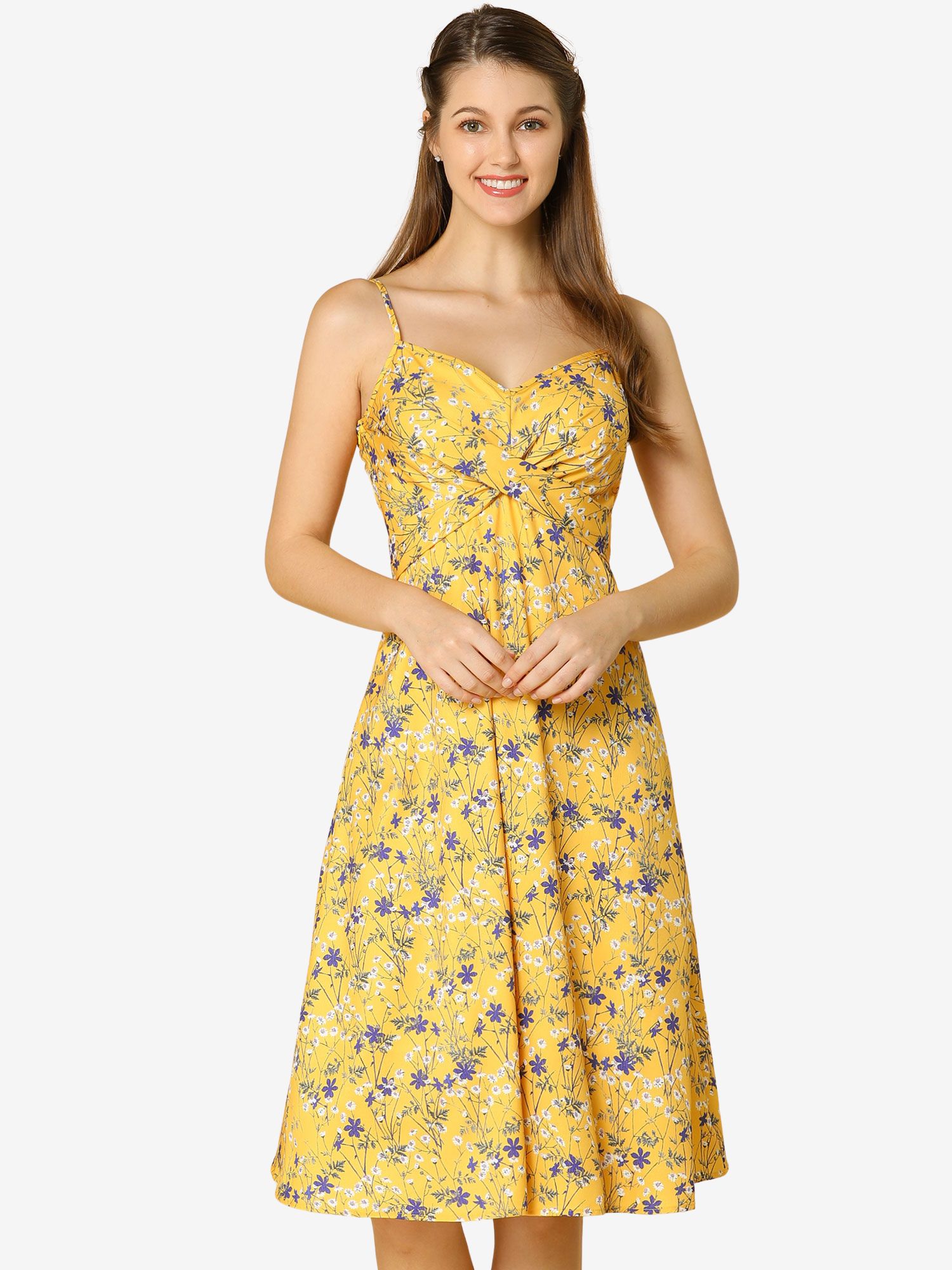 Floral Twist Front Knee Length Summer Adjustable Strap Dress Yellow/L