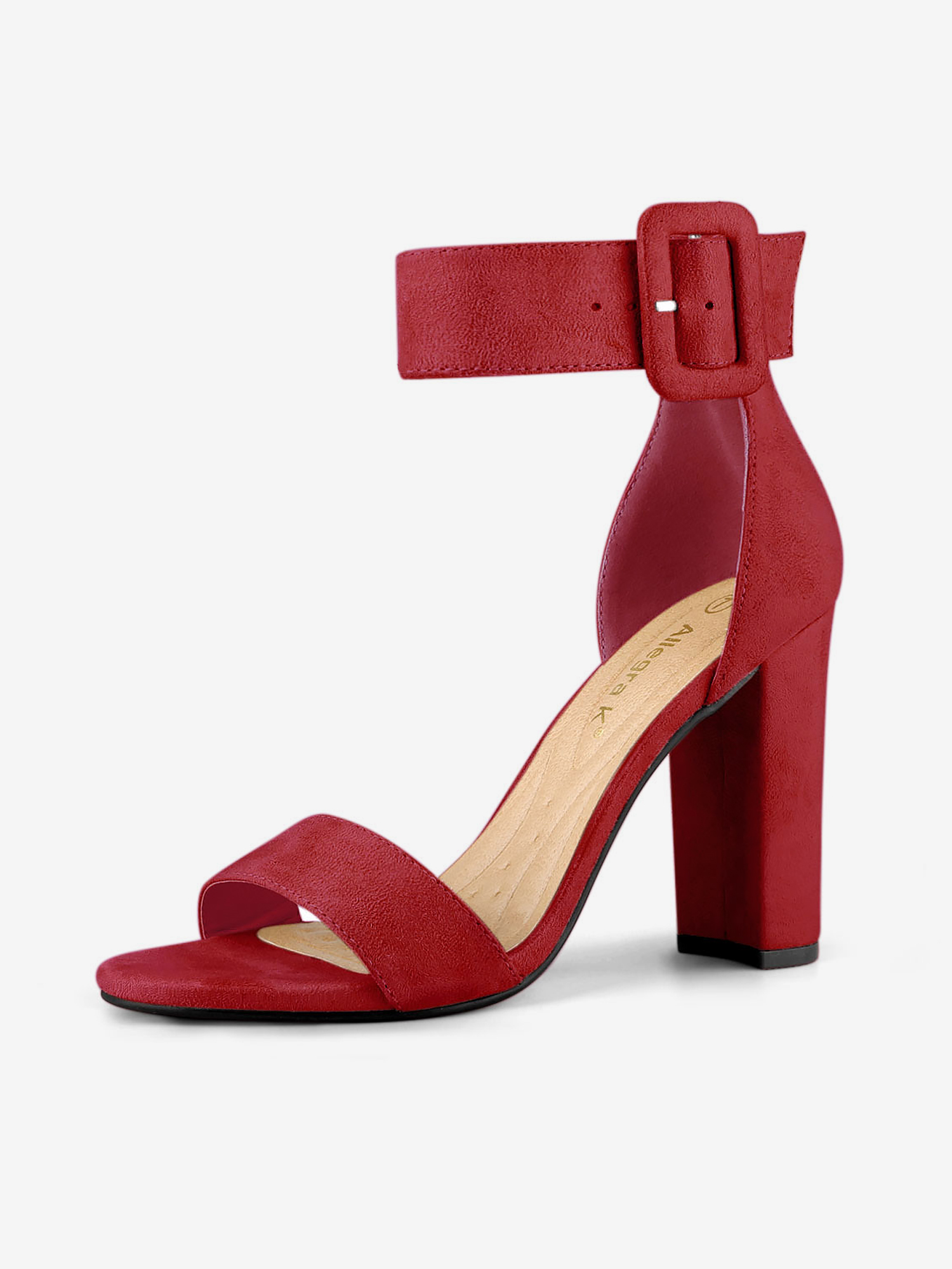 Buckle Decor Back Zip Ankle Strap Block High Heel Sandals Red/9