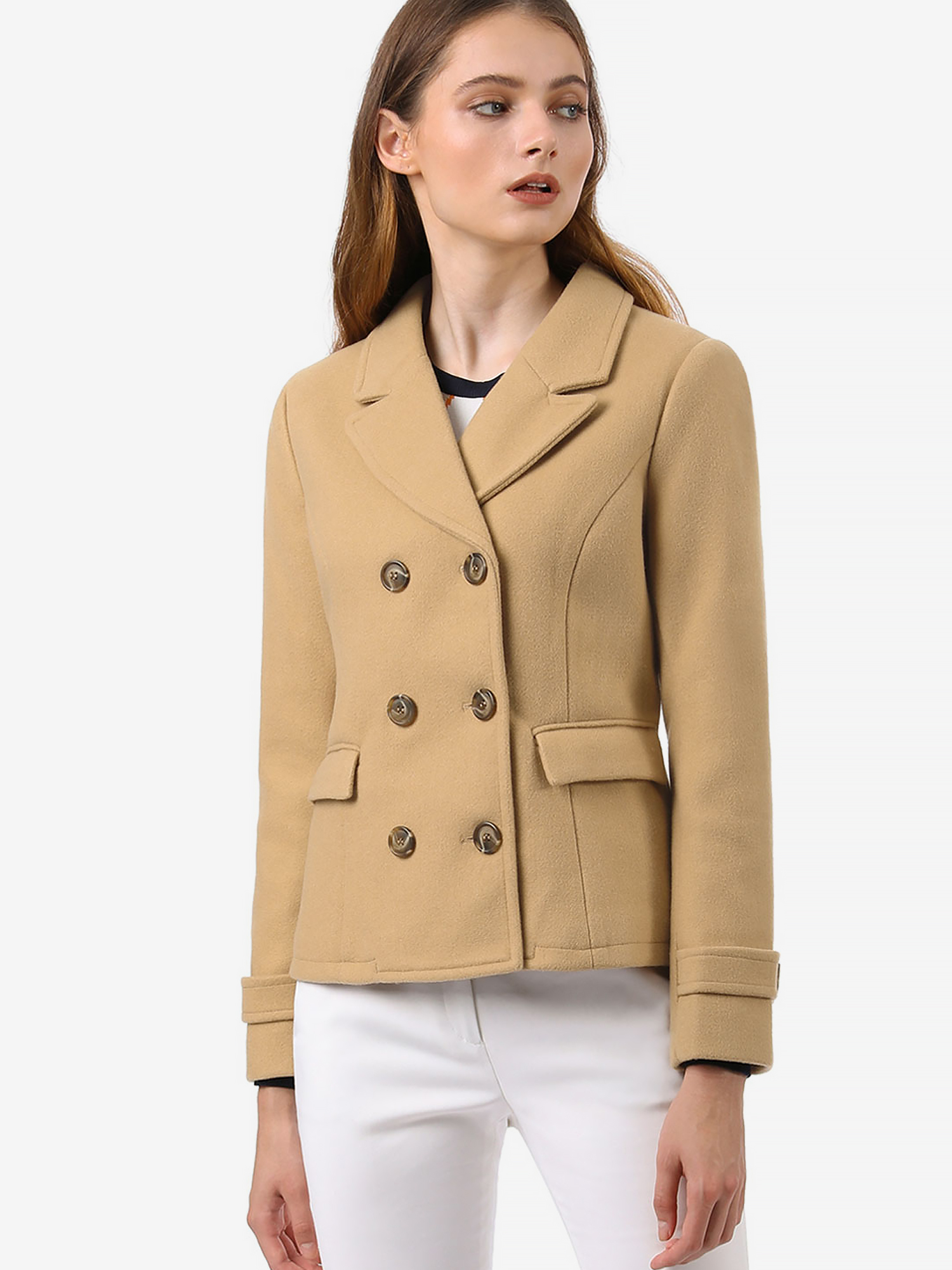 Winter Notched Lapel Double Breasted Short Pea Coat Khaki/M