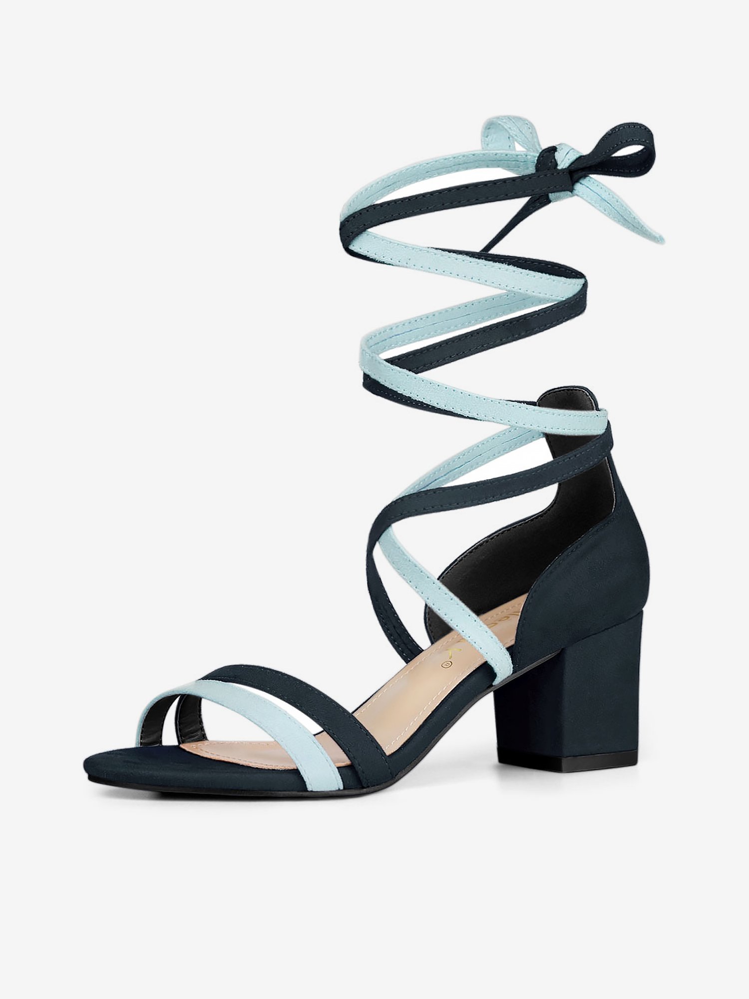 Open Toe Color Block Heel Lace Up Sandals Blue/5