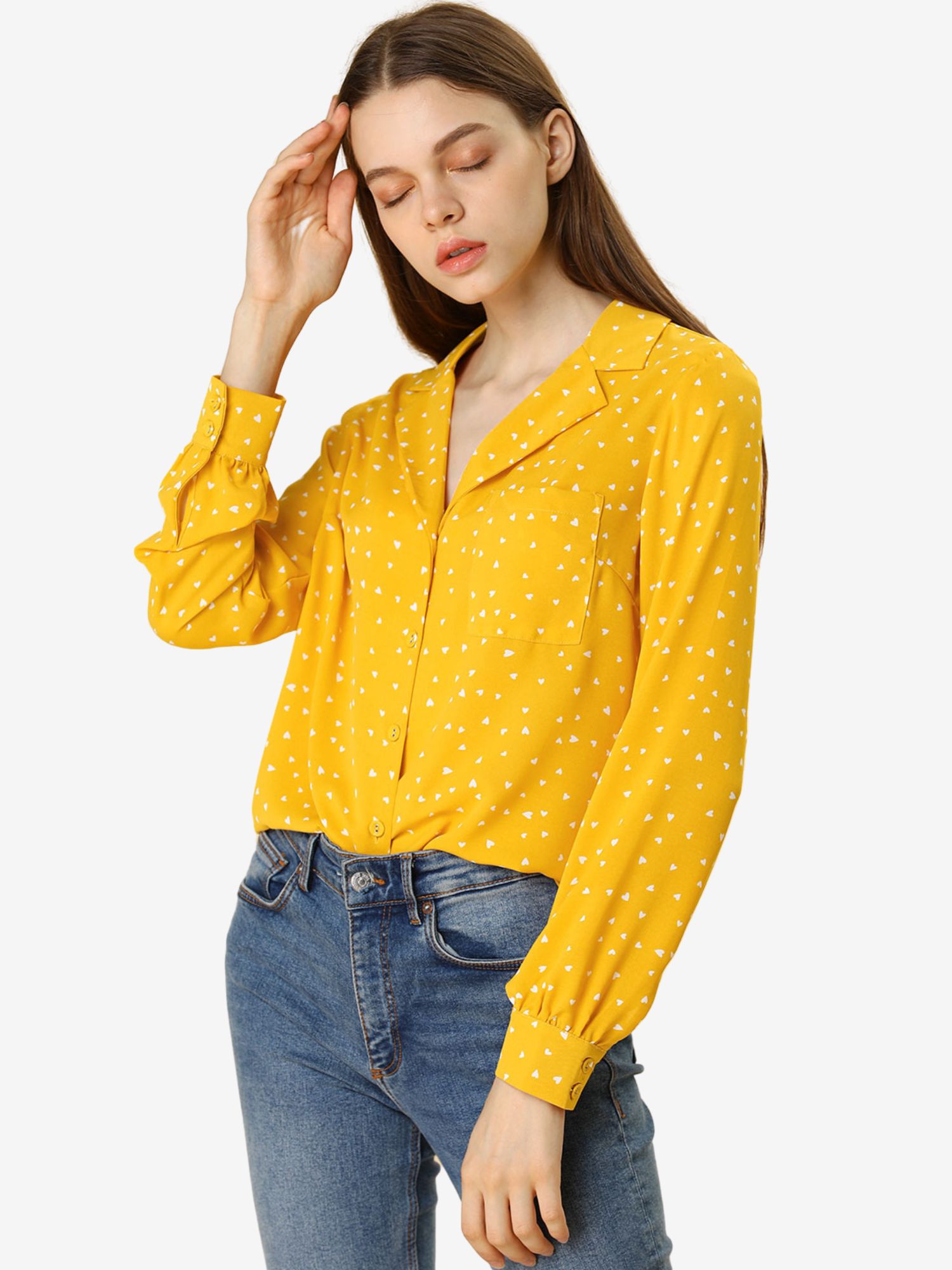 1950s Vintage Long Sleeve Printed Button Down Tops Yellow/XL