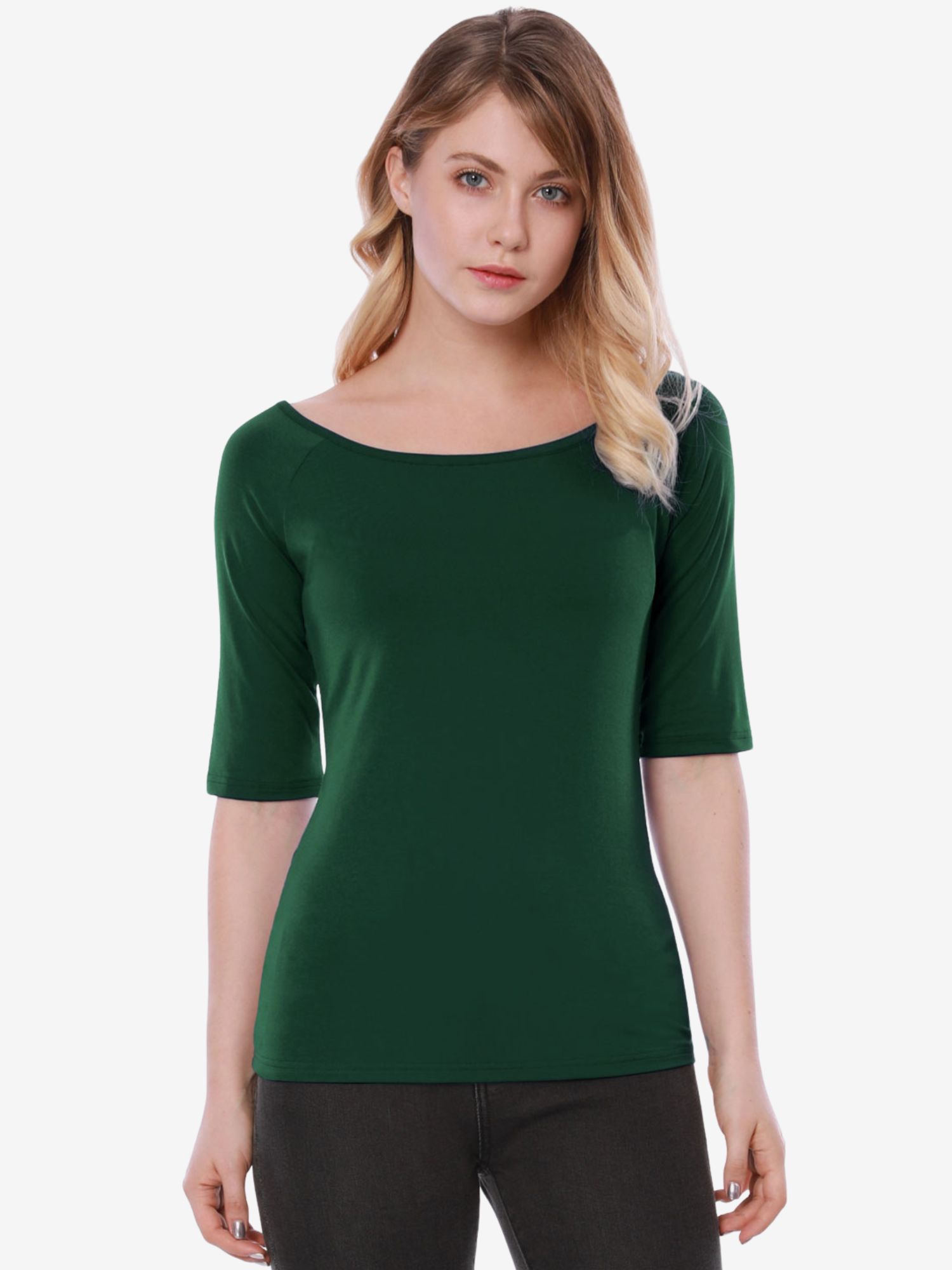 Scoop Neck Half Sleeves Fitted Layering Soft T-Shirt Olive Green/XS