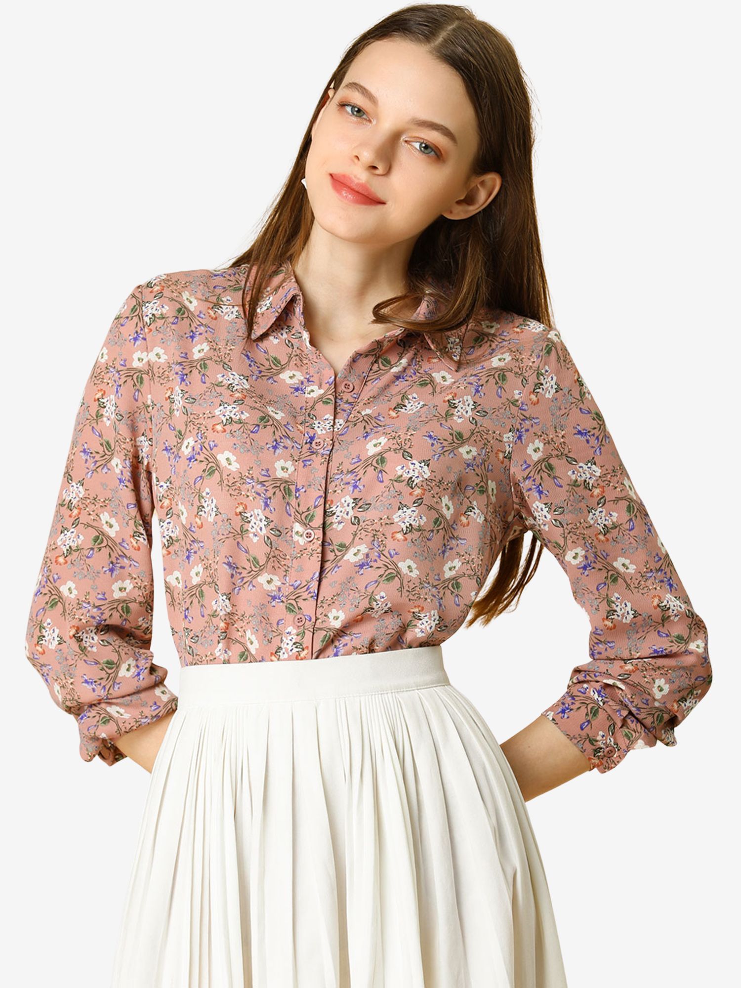 Button Down Floral Shirt Blouse Long Sleeve Point Collar Top Pink/L