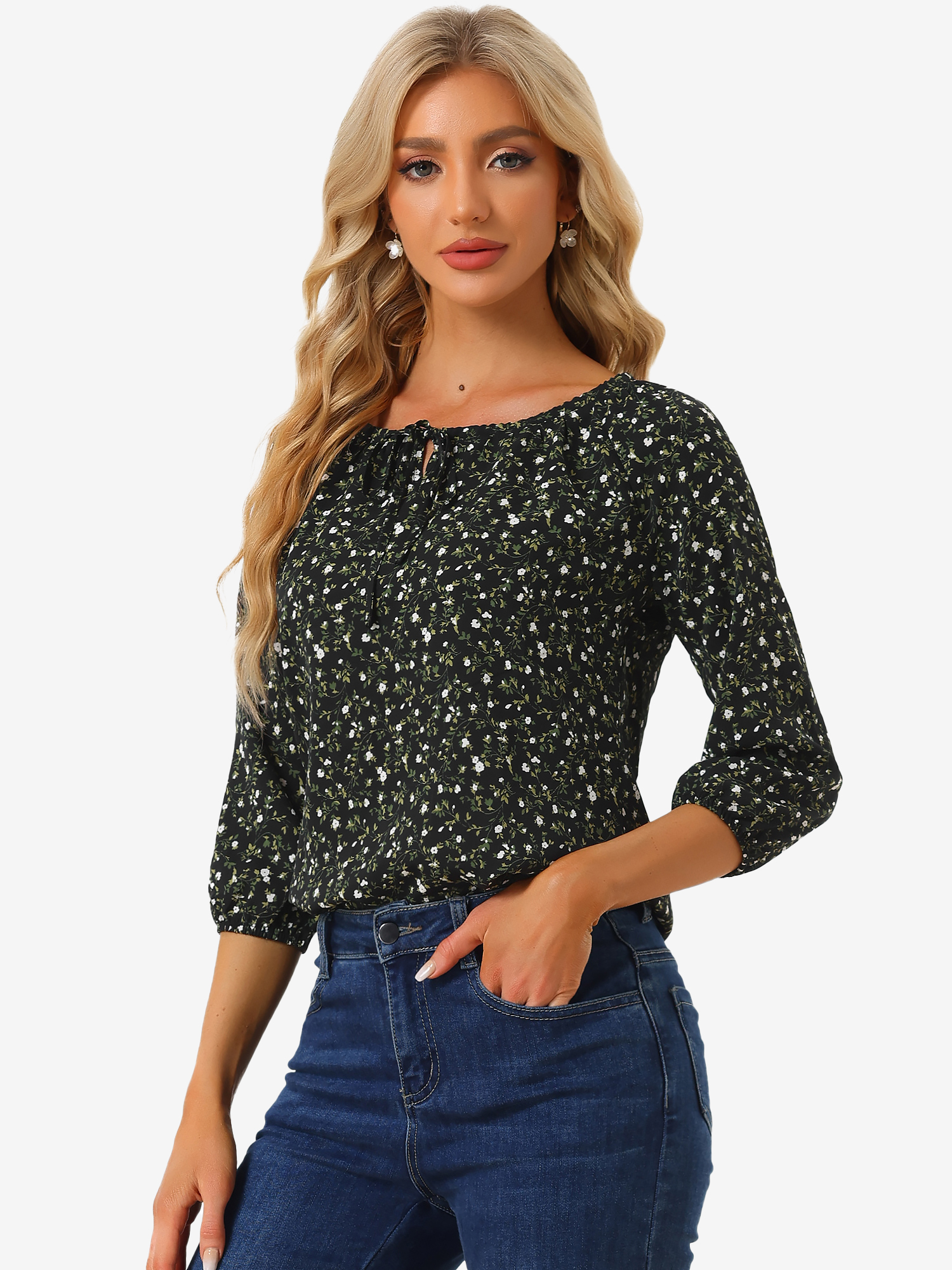 Bow Tie Neck 3/4 Raglan Sleeve Floral Blouse Tops Black Orange/S