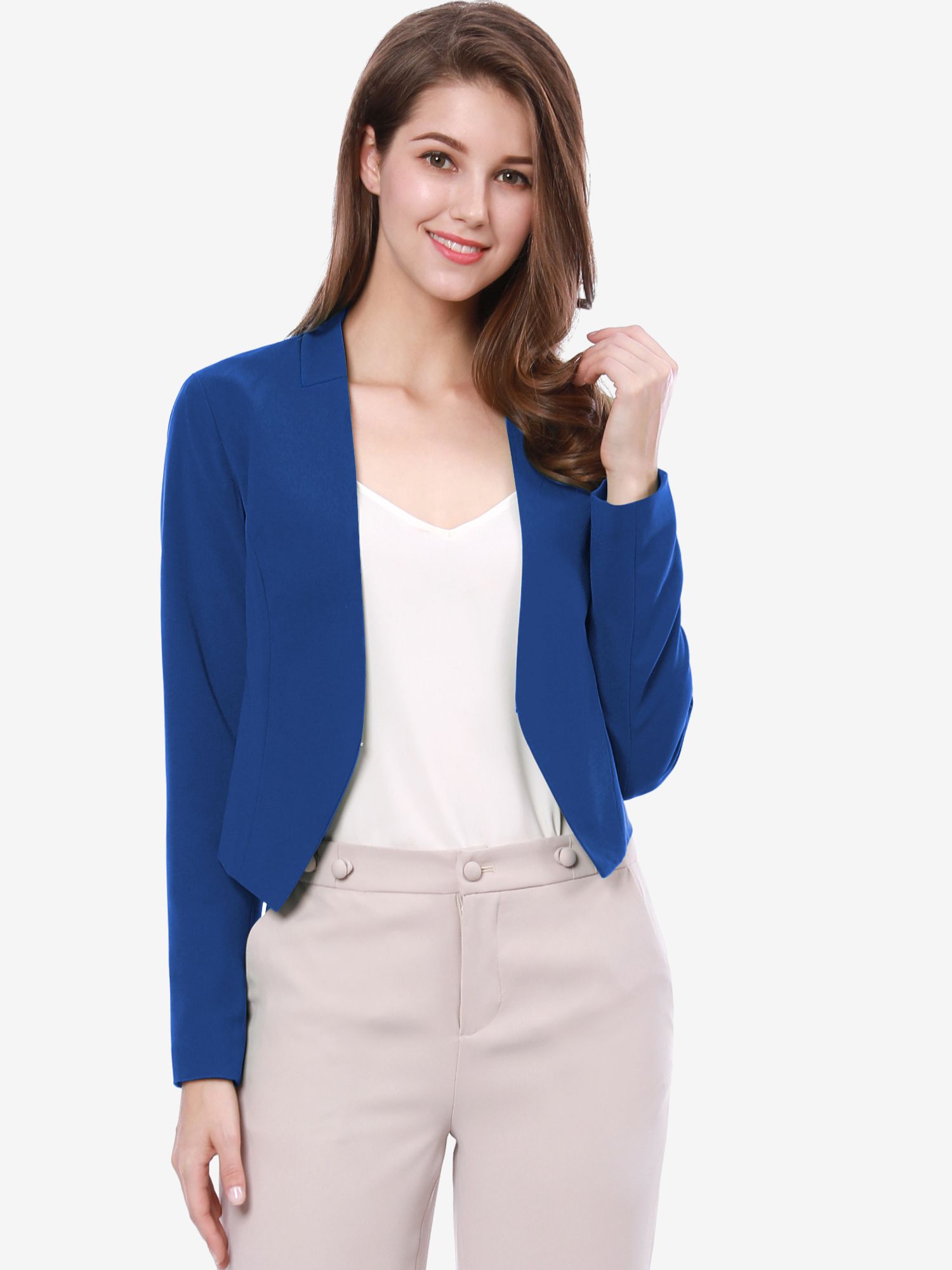 Solid Color Collarless Cropped Office Blazer Jacket Blue/XL