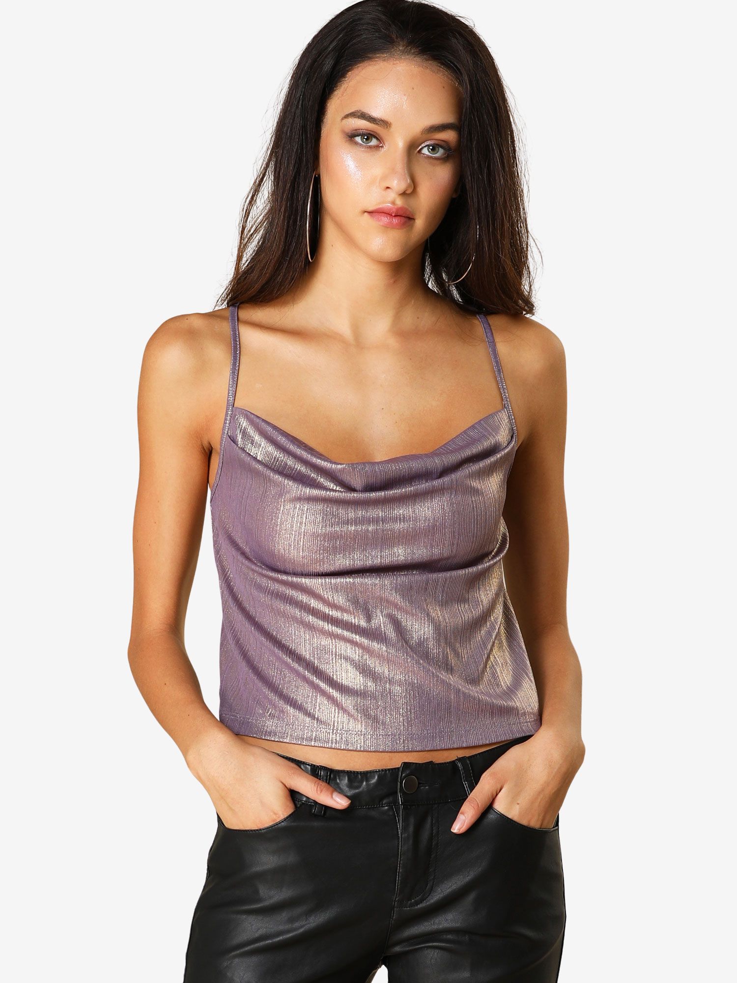 Metallic Glitter Spaghetti Strap Camisole Cowl Neck Sparkly Club Top Purple/S