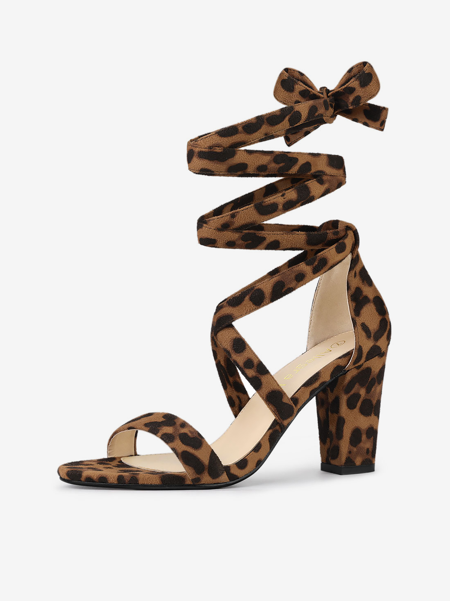 Faux Suede Crisscross Lace Up Block Mid Heel Sandals Leopard/9