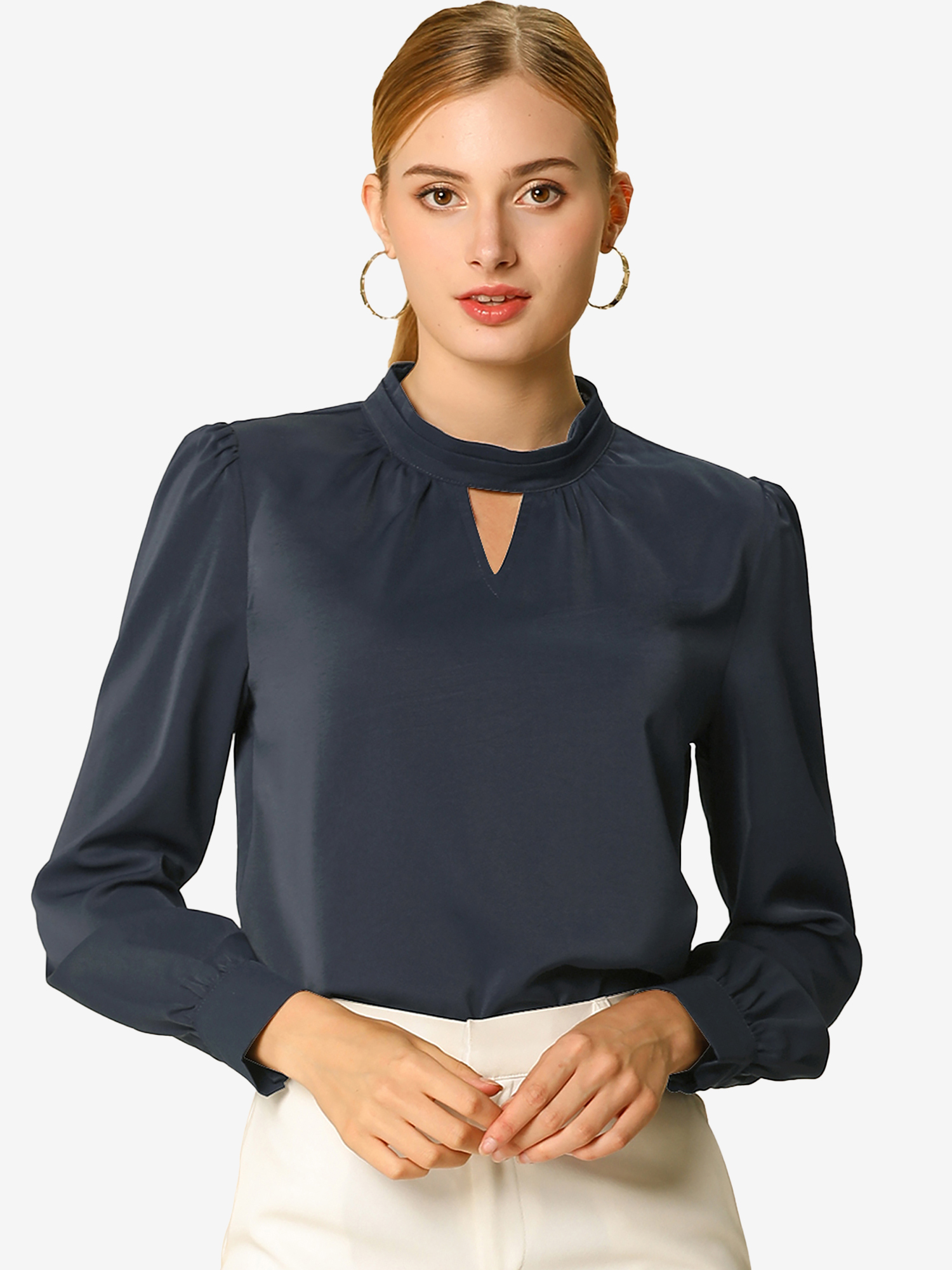 Keyhole Elegant Stand Collar Long Sleeve Chiffon Office Blouse Navy Blue/XL