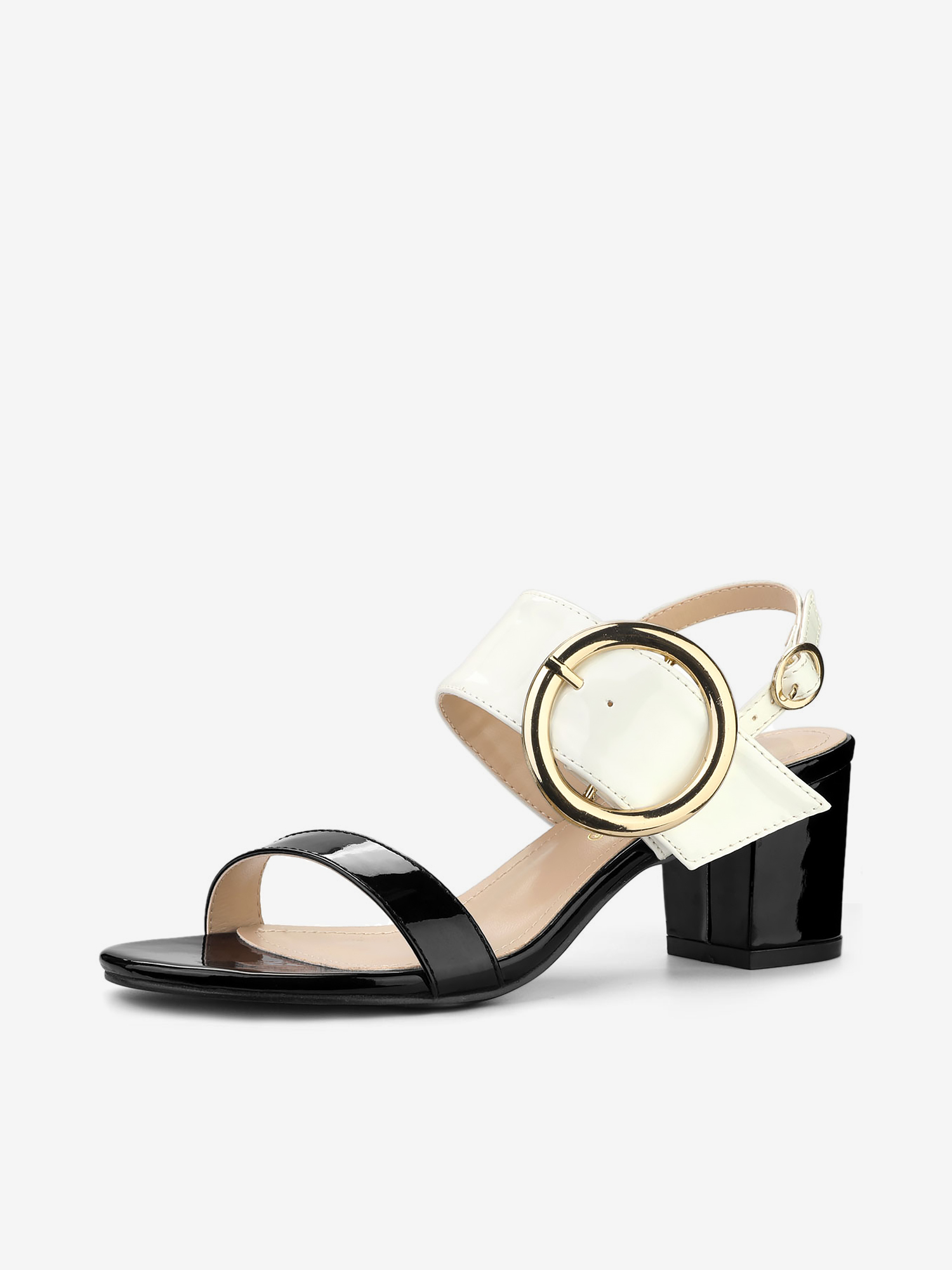 Dual Straps Buckle Decor Slingback Block High Heel Sandals Black White/9