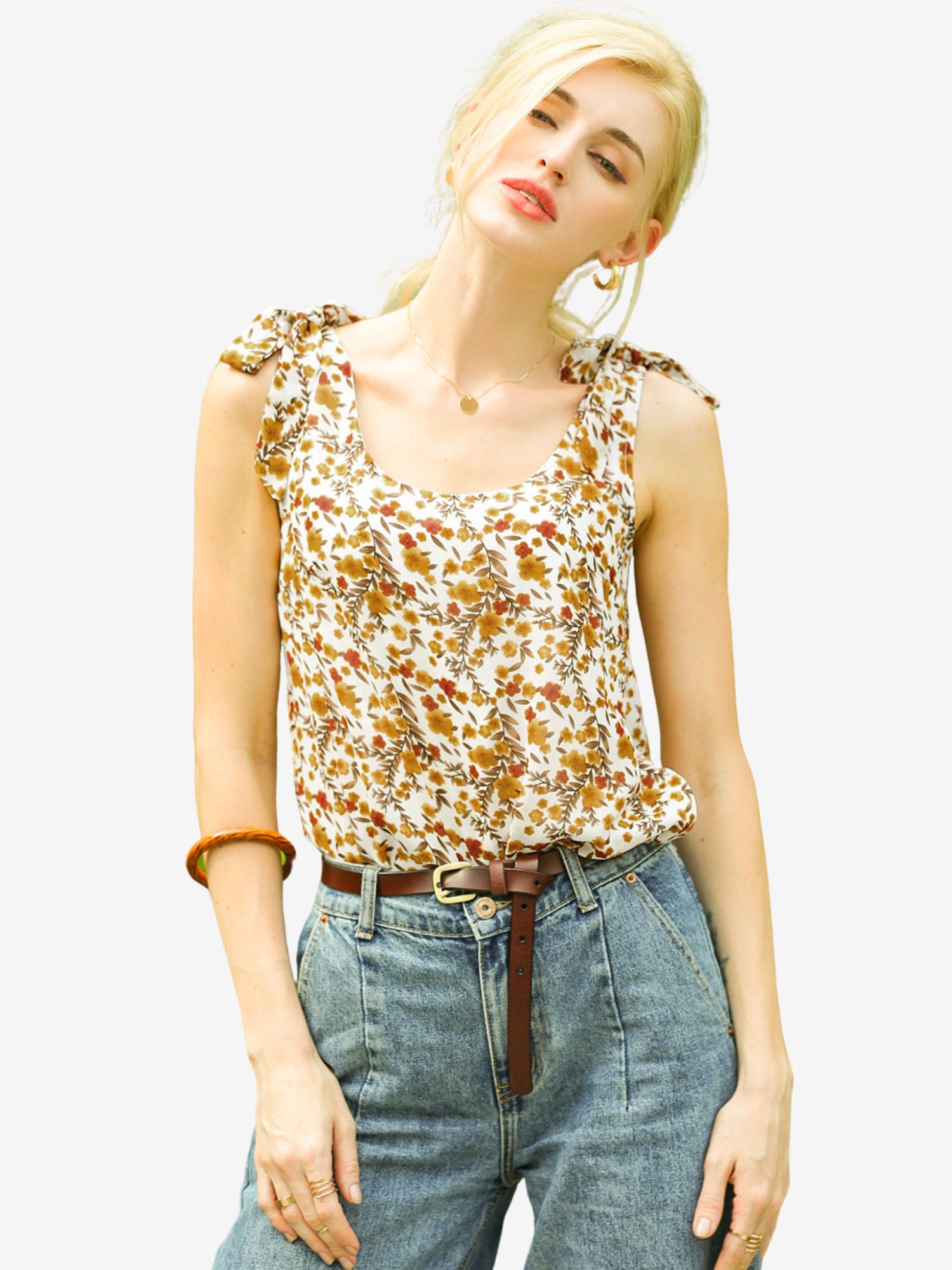 Boho Floral Print Casual Chiffon Tie Shoulders Tank Top Apricot/L