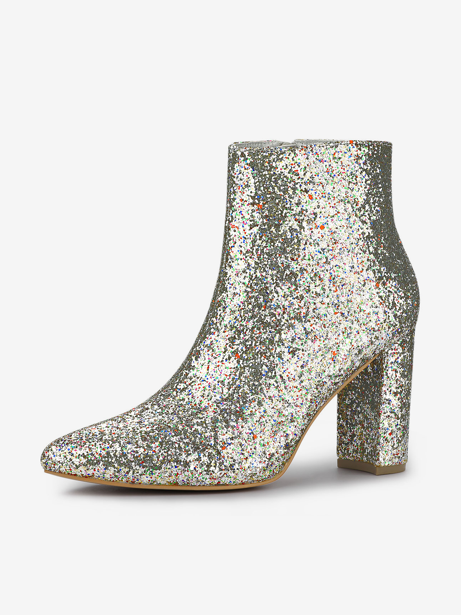 Glitter Pointed Toe Chunky Heel Zipper Ankle Boots Silver/6