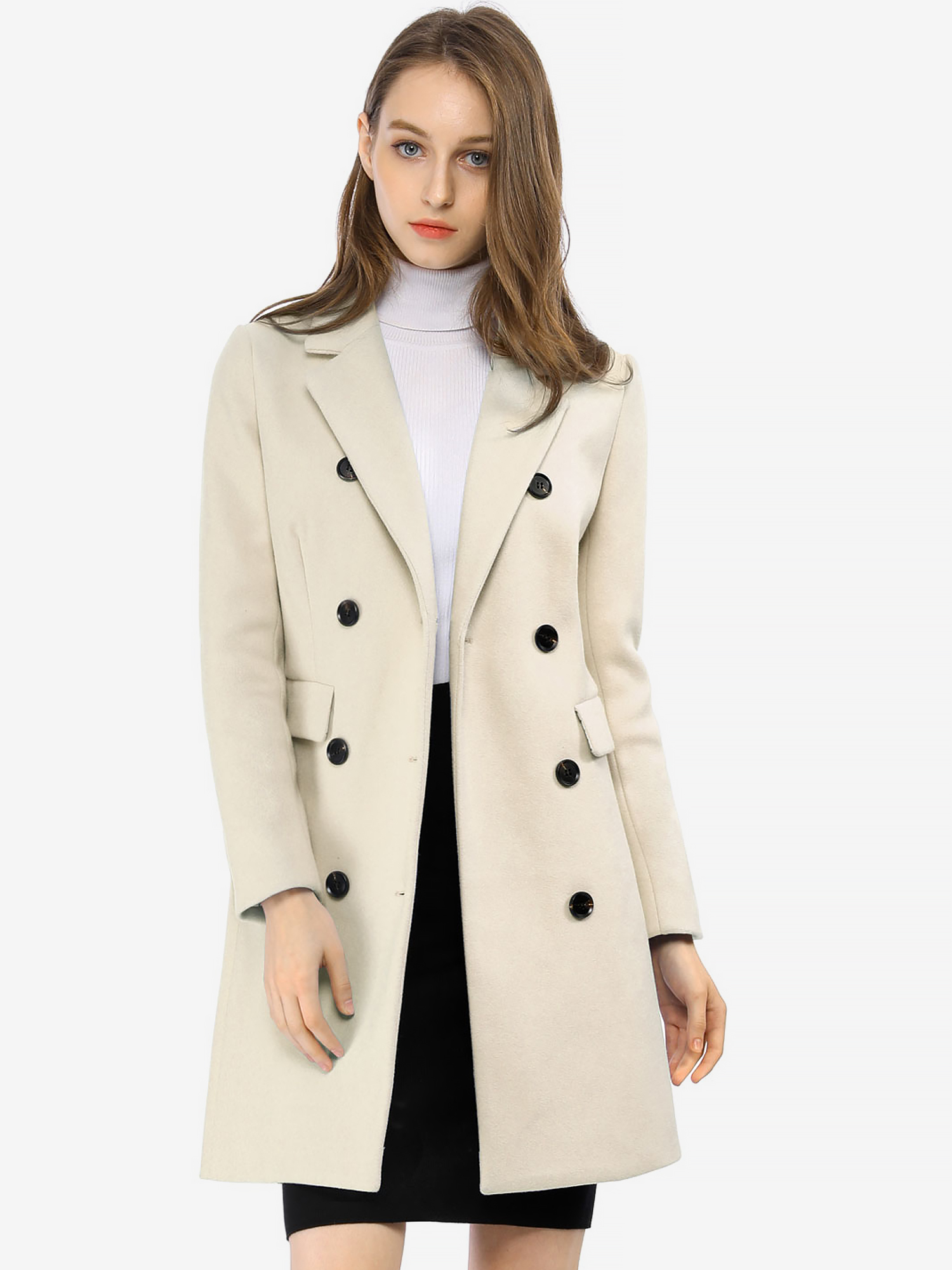 Winter Long Sleeve Notched Lapel Double Breasted Trench Coat Beige/L