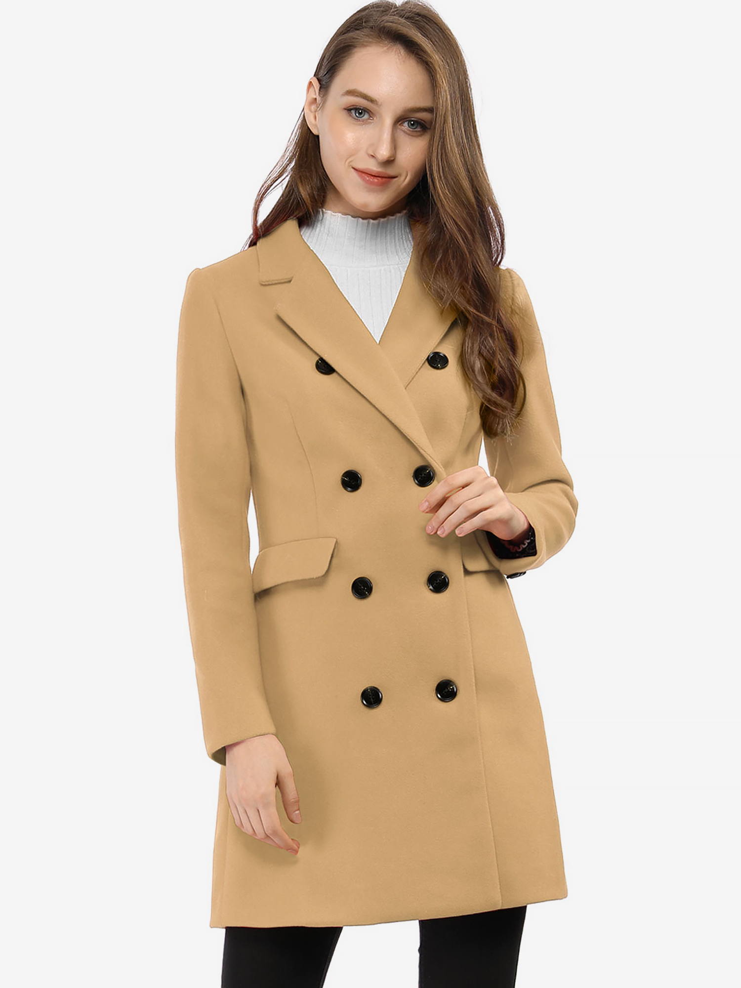 Winter Long Sleeve Notched Lapel Double Breasted Trench Coat Khaki/M