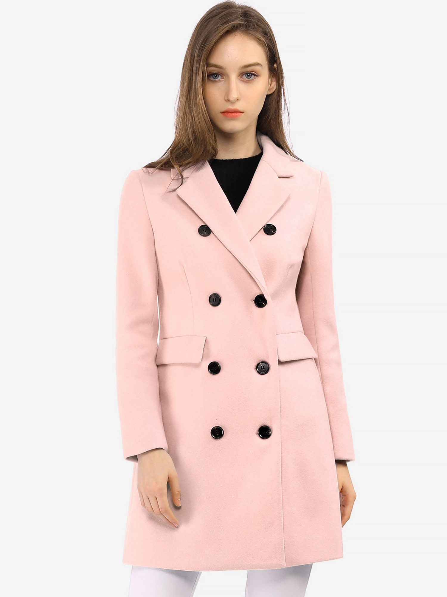 Winter Long Sleeve Notched Lapel Double Breasted Trench Coat Pink/XS