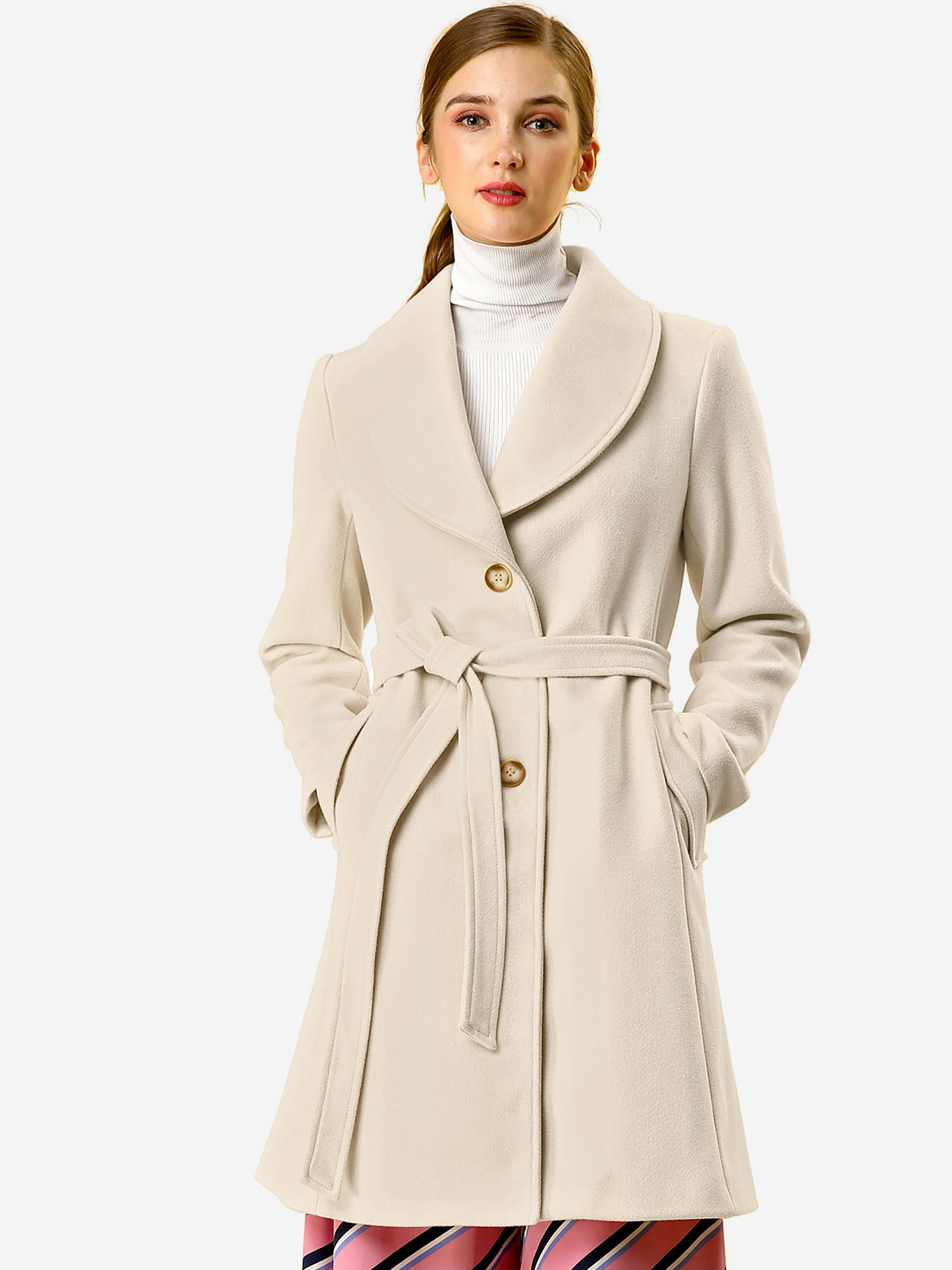 Shawl Collar Single Breasted Winter Long Belted Coat Beige/XS