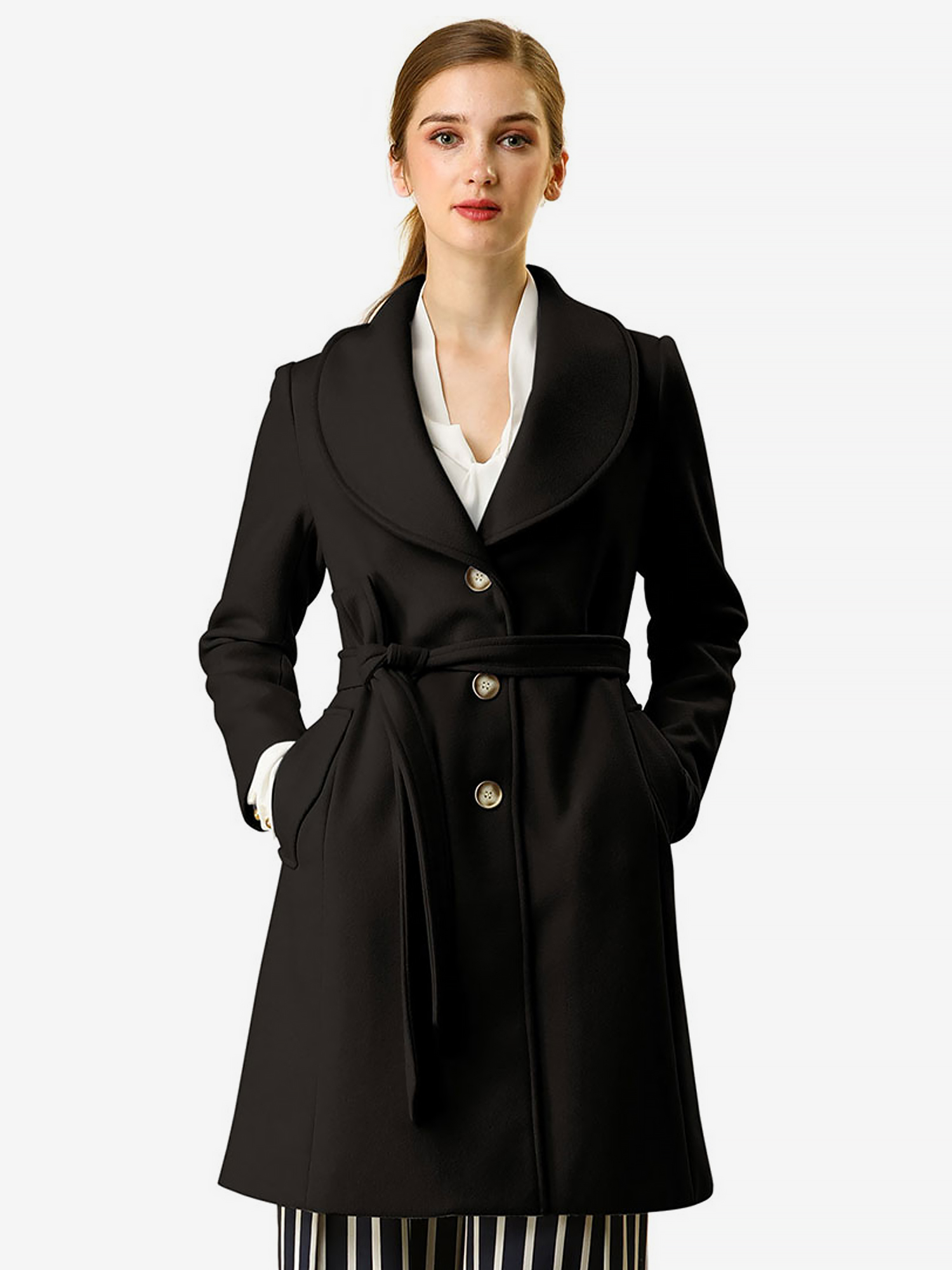 Shawl Collar Single Breasted Winter Long Belted Coat Black/S