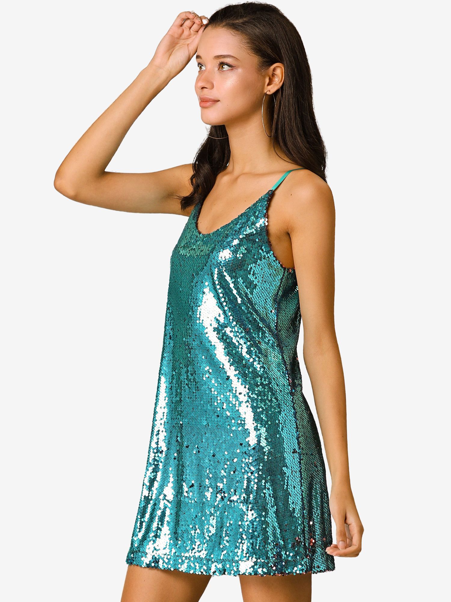 Glitter V Neck Spaghetti Strap Clubwear Mini Party Dress Teal Blue/XL