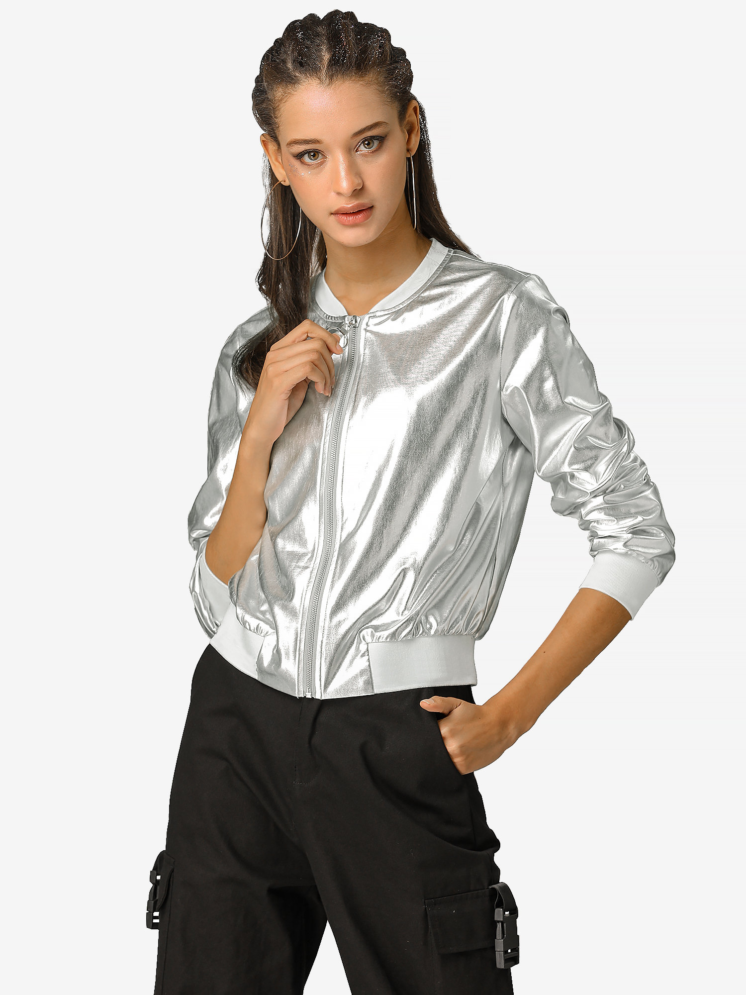 Lightweight Holographic Shimmering Metallic Bomber Jacket Silver/XL