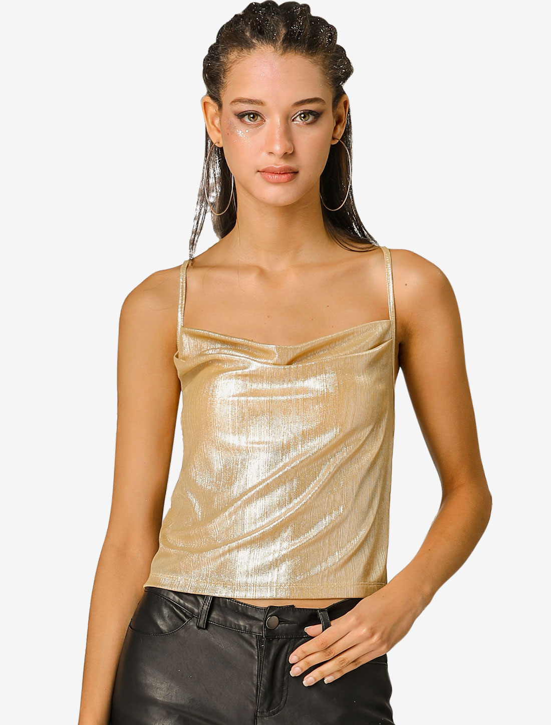 Metallic Glitter Spaghetti Strap Camisole Cowl Neck Sparkly Club Top Gold/XS