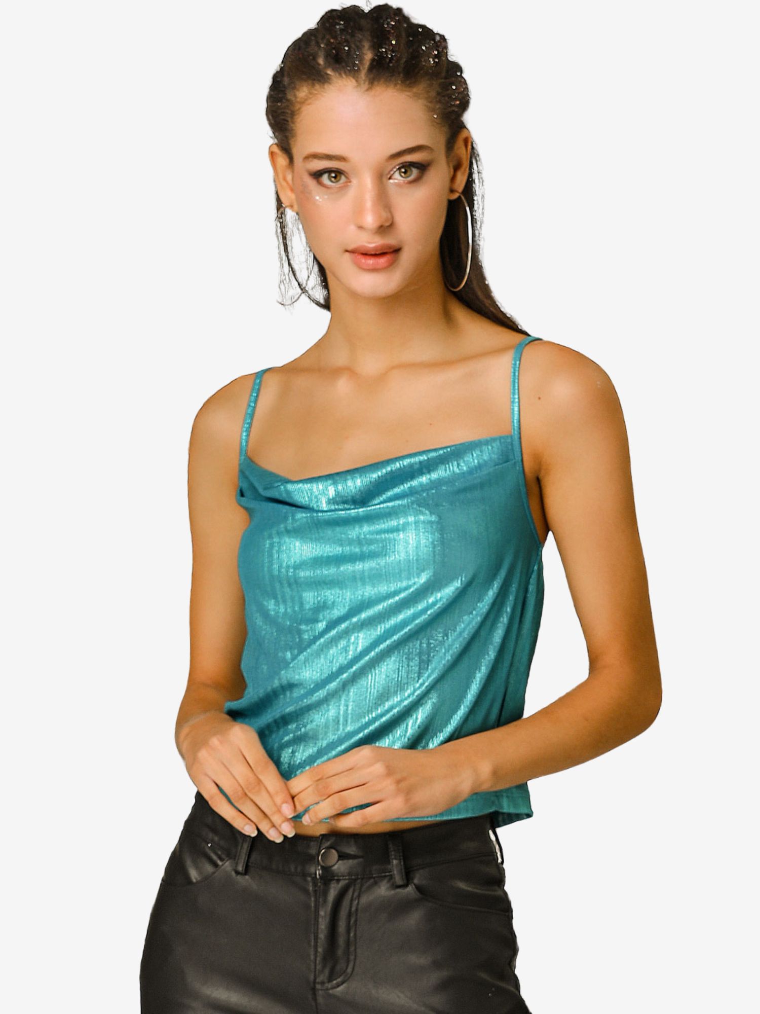 Metallic Glitter Spaghetti Strap Camisole Cowl Neck Sparkly Club Top Mint Green/L