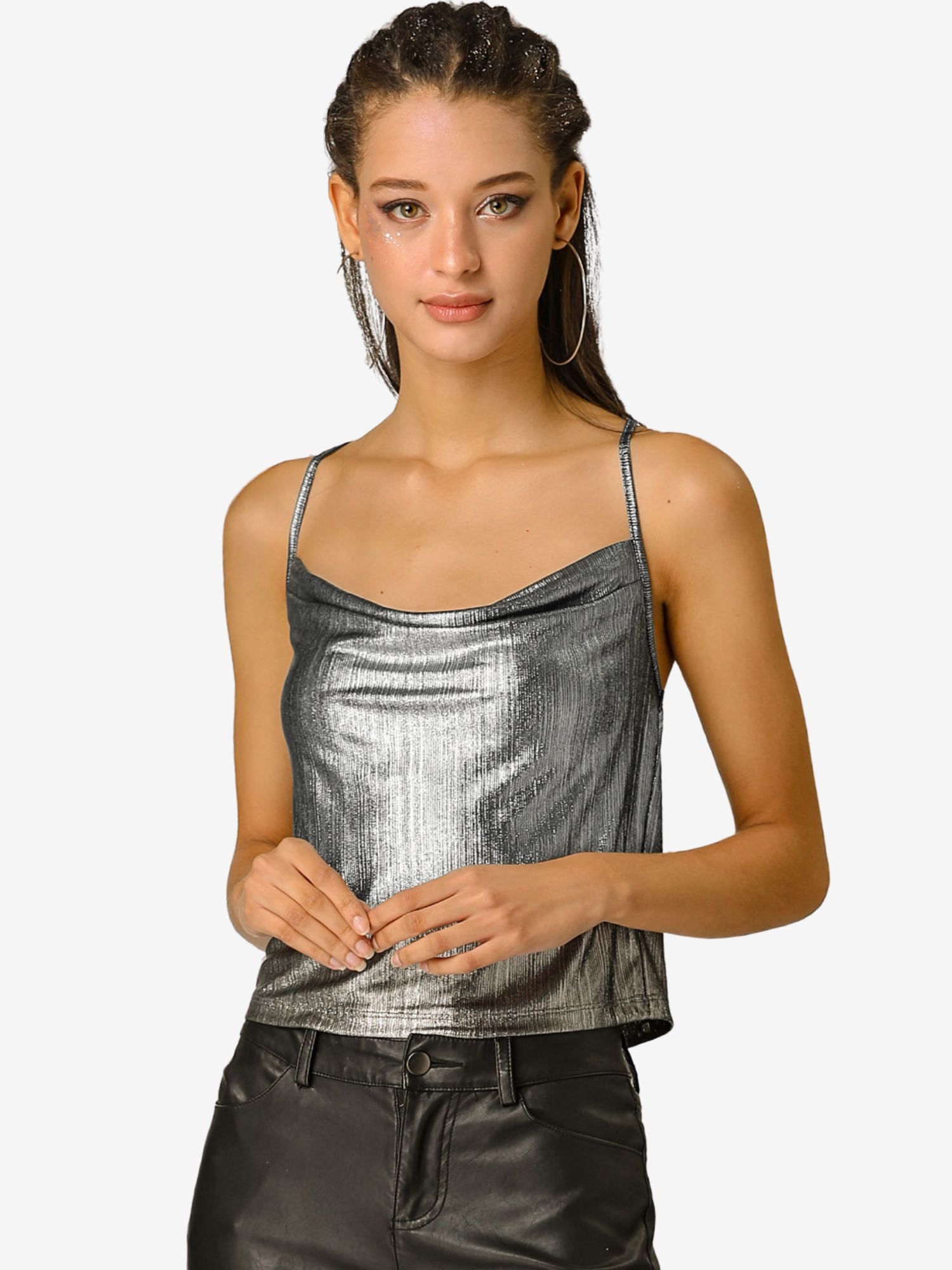 Metallic Glitter Spaghetti Strap Camisole Cowl Neck Sparkly Club Top Silver/M