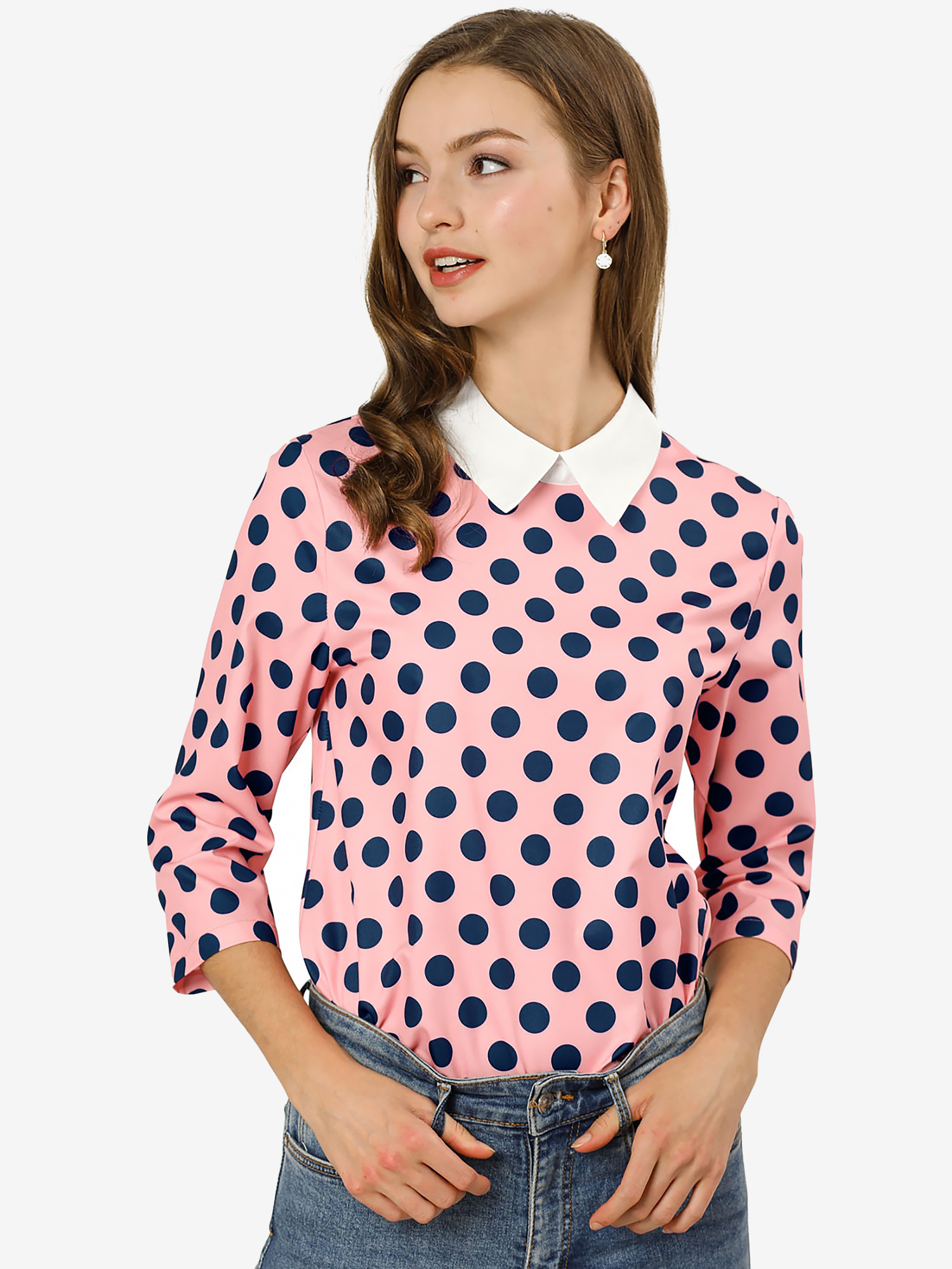 Polka Dots Contrast Peter Pan Collar Top 3/4 Sleeve Blouse Shirt Pink/XL
