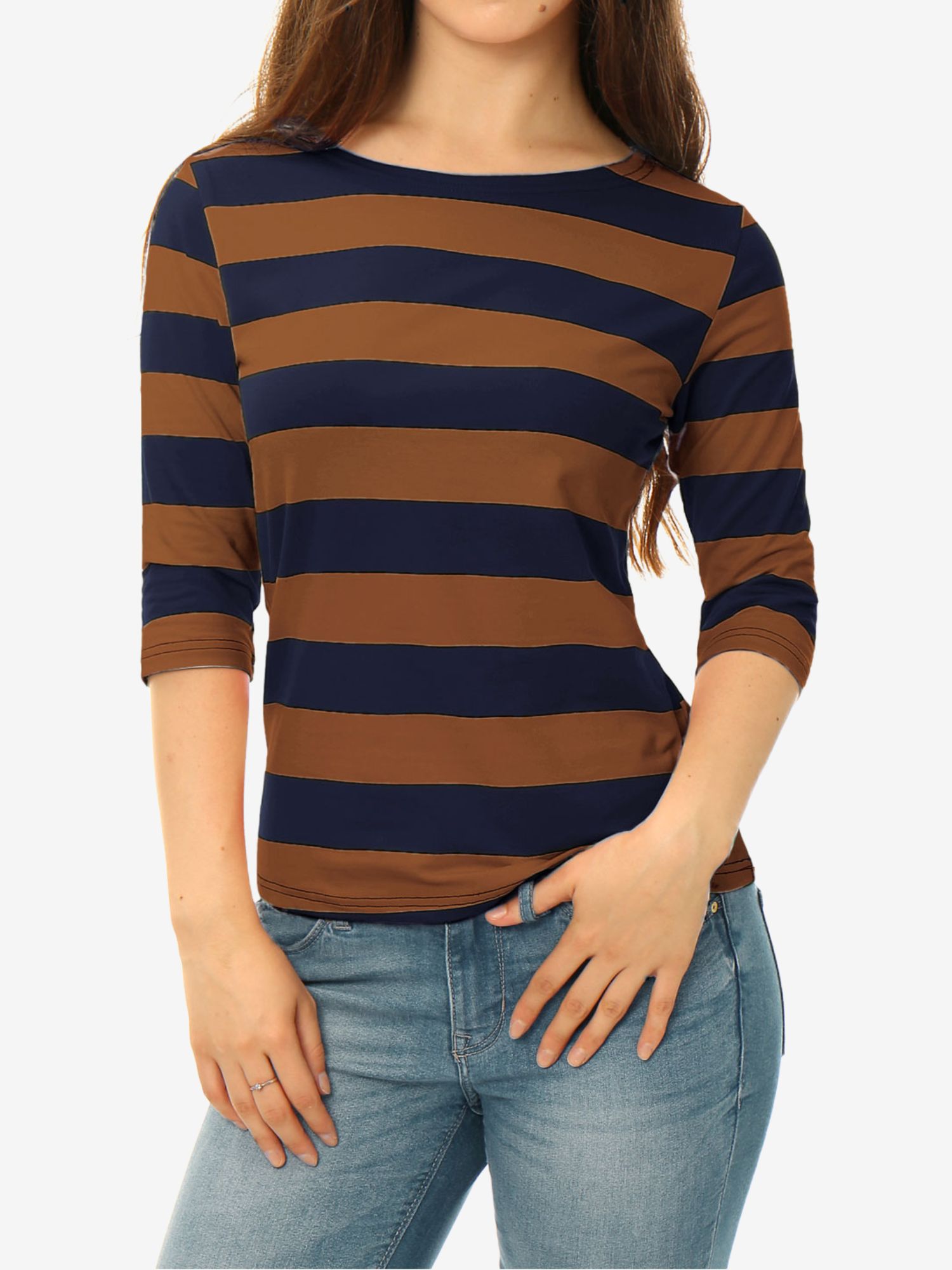 Striped 3/4 Sleeve Casual Basic Boat Neck T-shirt Brown Navy/S