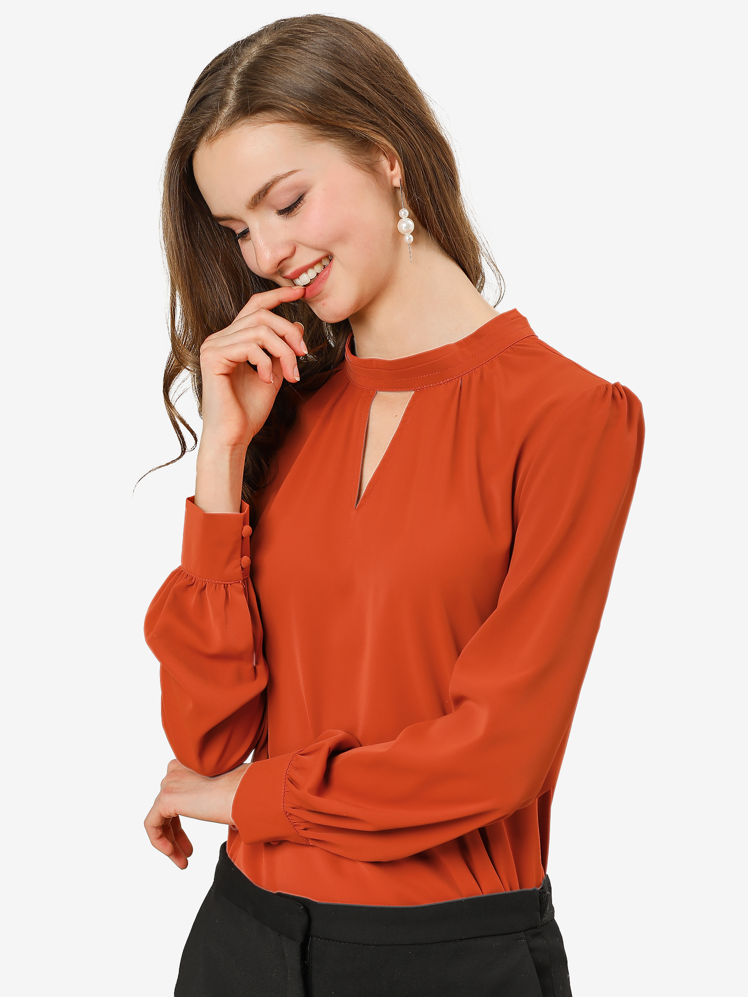 Keyhole Elegant Stand Collar Long Sleeve Chiffon Office Blouse Brown Red/S