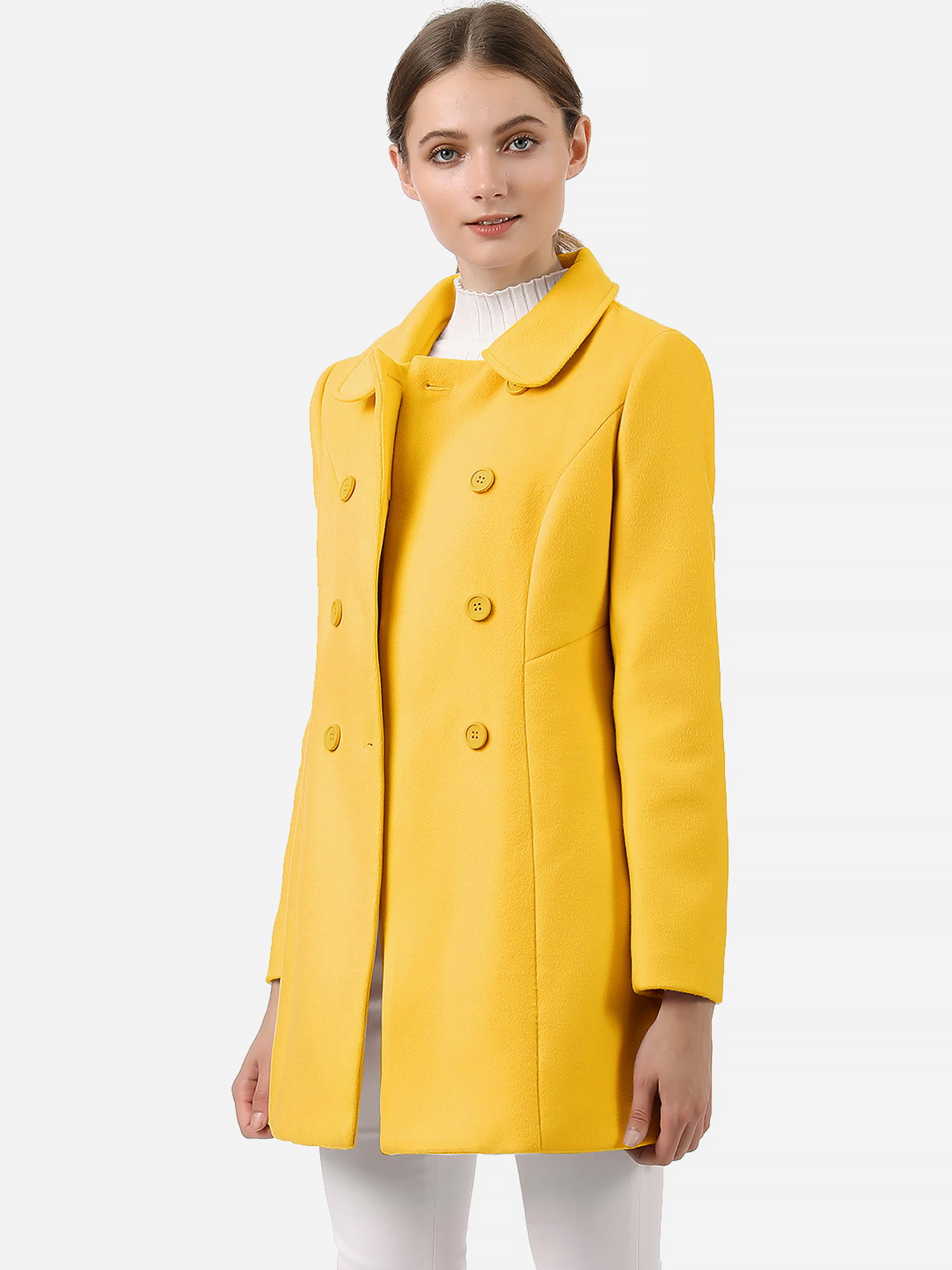 Peter Pan Collar Double Breasted Winter Long Trench Pea Coat Mustard Yellow/XL