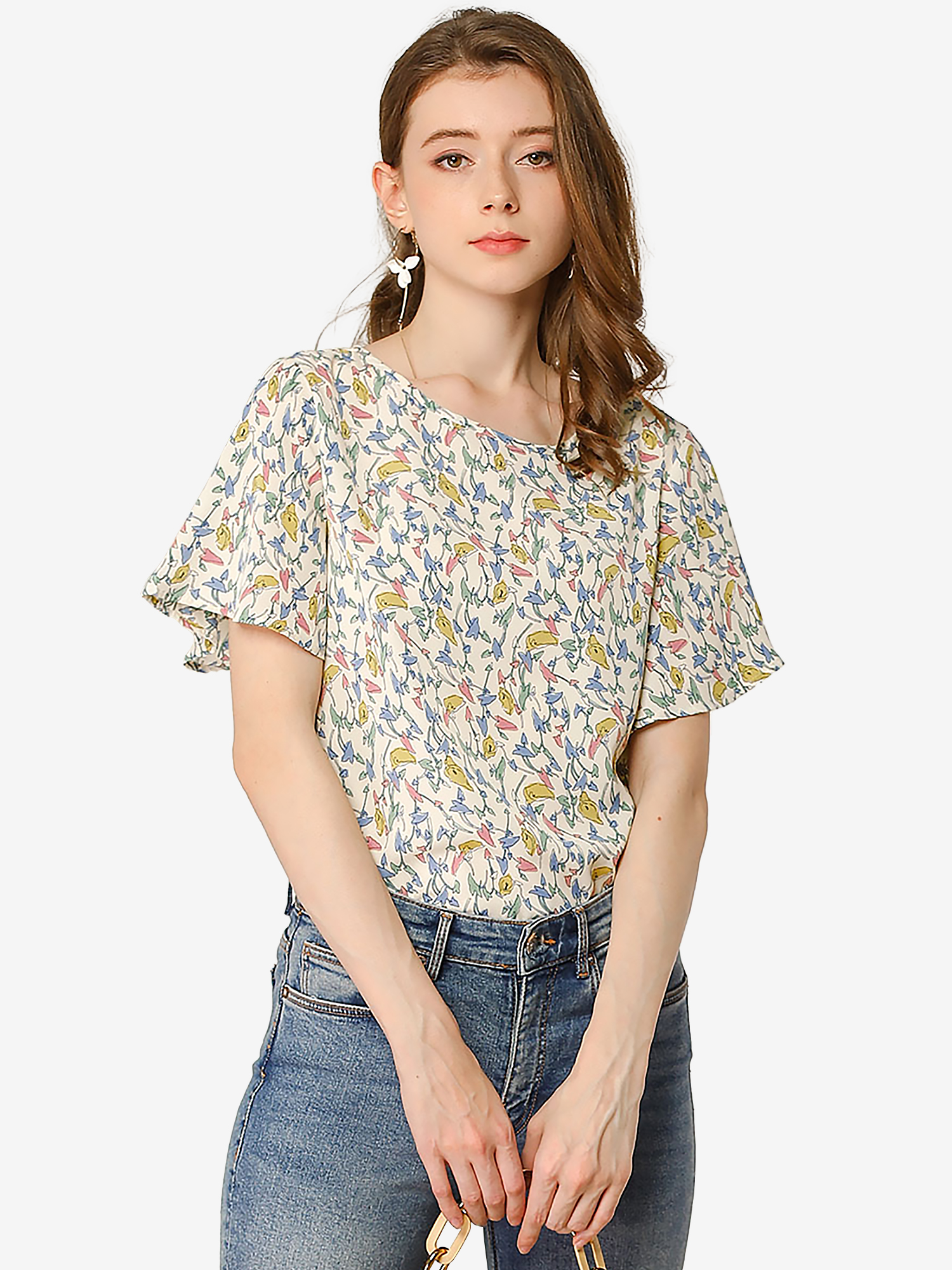 Floral Blouse Tee Chiffon Casual Flutter Sleeve Tops Beige/L