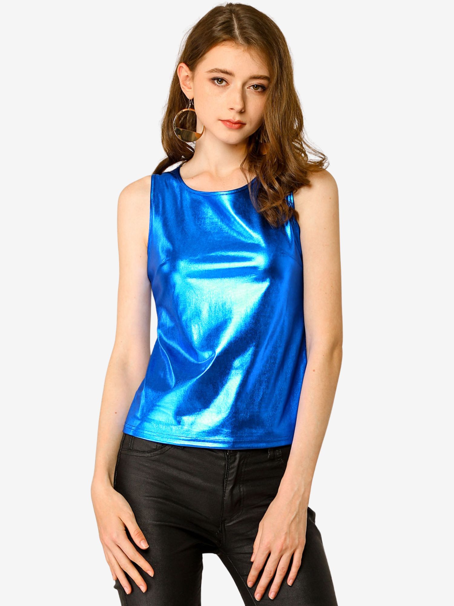 Shiny Party Club Sparkly Metallic Sleeveless Cami Tank Top Blue/XL