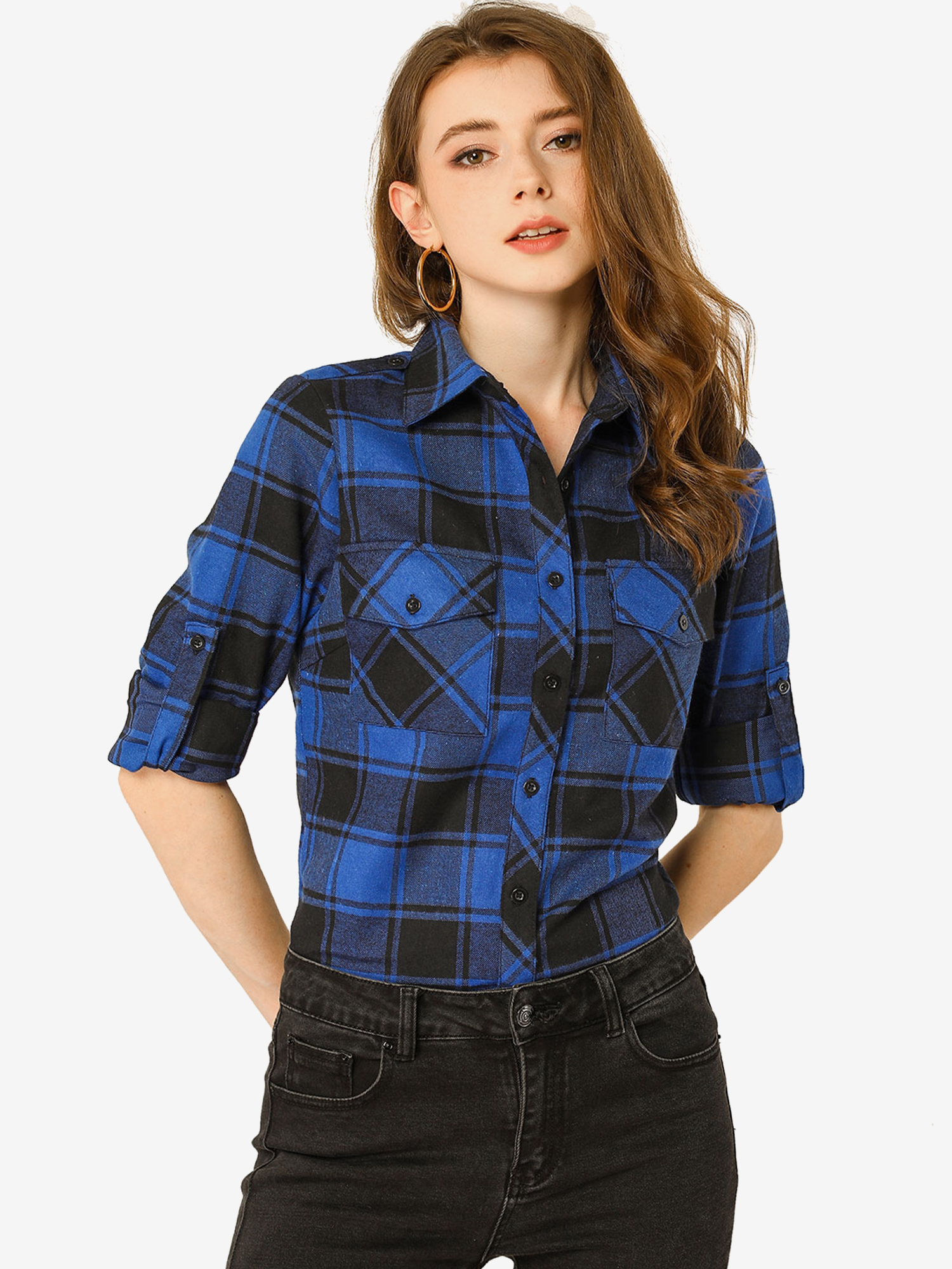 Roll Up Long Sleeve Christmas Button Down Plaid Flannel Shirt Top Black Blue/L