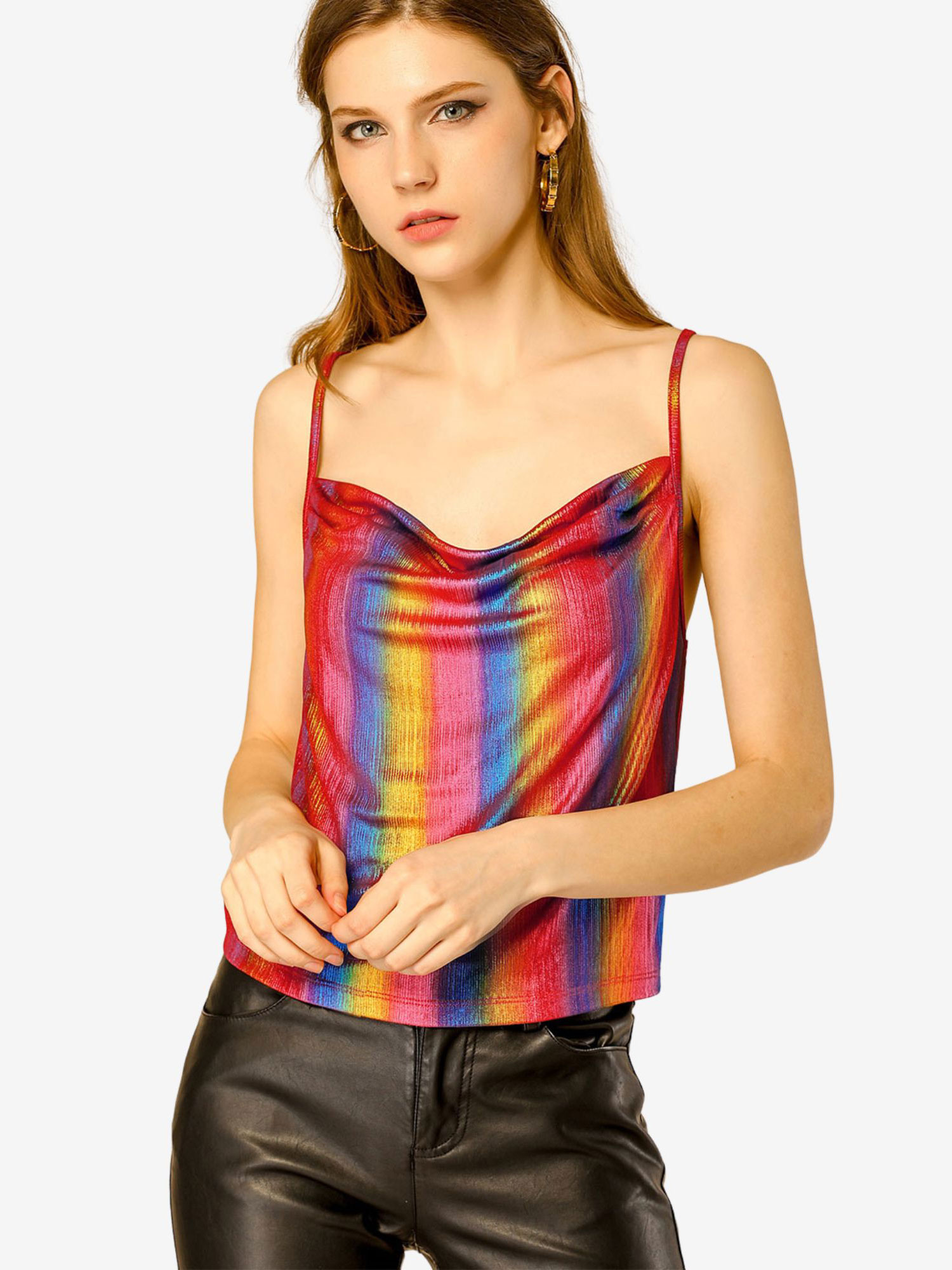 Metallic Glitter Spaghetti Strap Camisole Cowl Neck Sparkly Club Top Multicolor Red/S