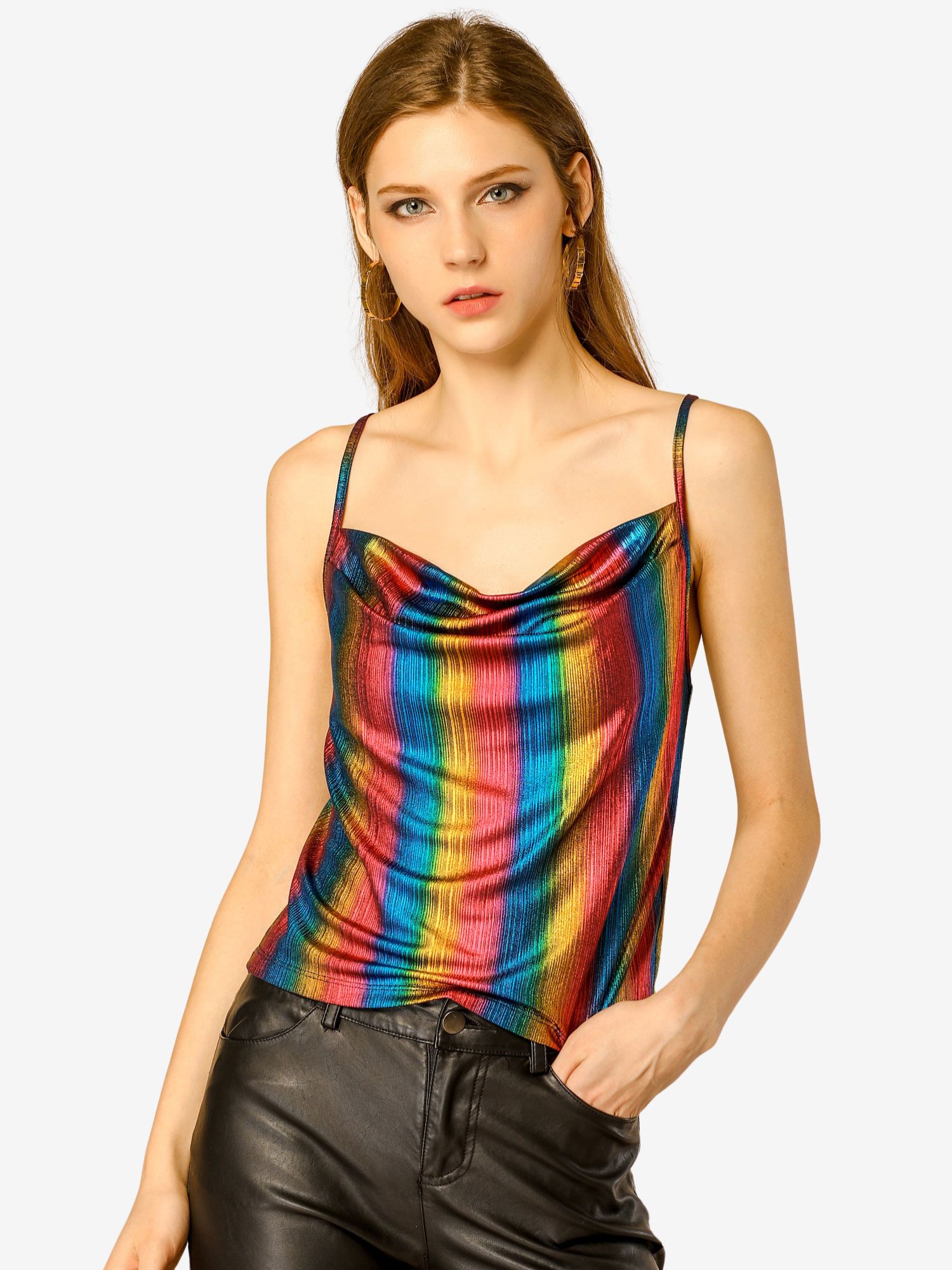 Metallic Glitter Spaghetti Strap Camisole Cowl Neck Sparkly Club Top Multicolor/M
