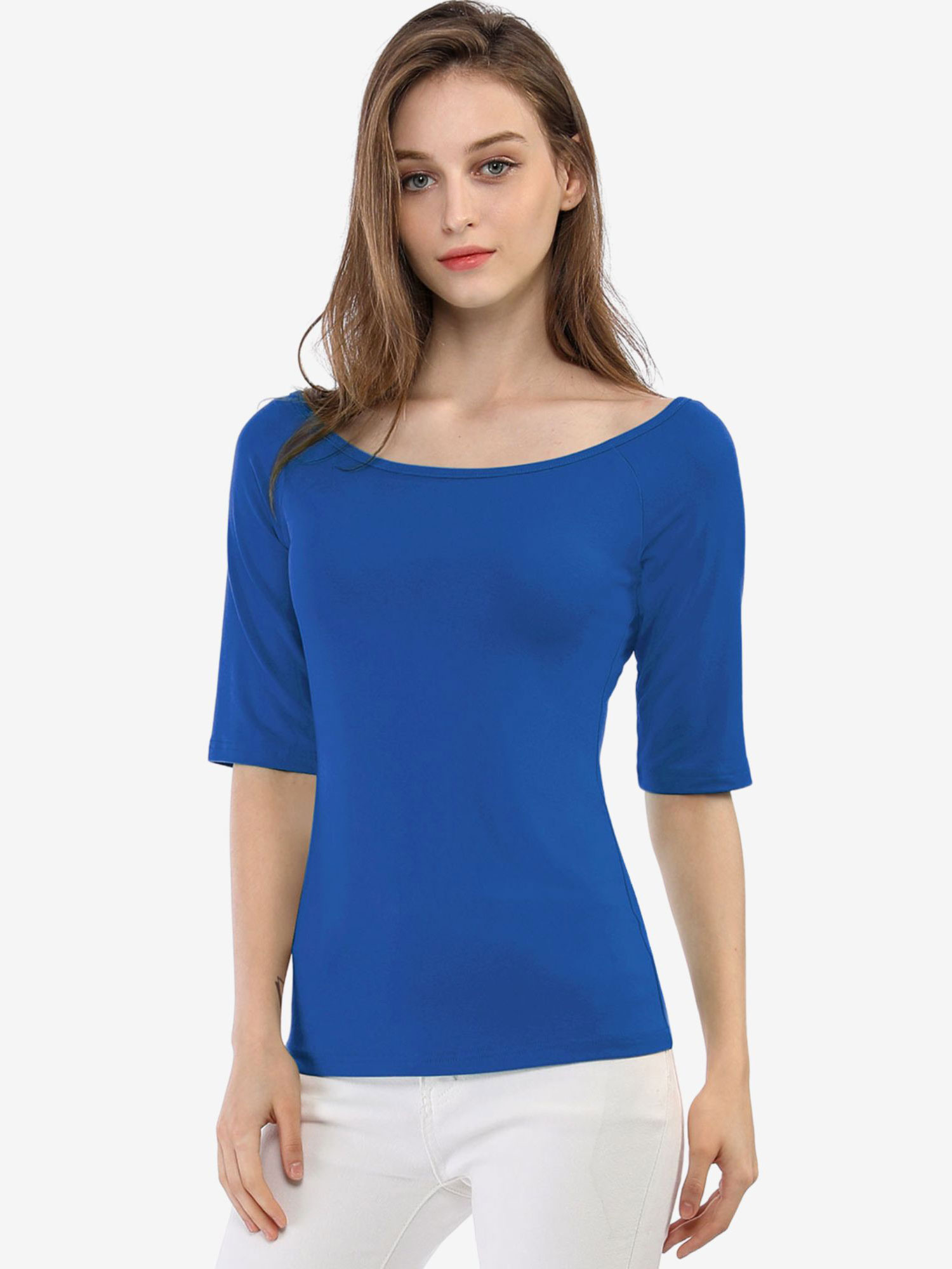 Scoop Neck Half Sleeves Fitted Layering Soft T-Shirt Royal Blue/S