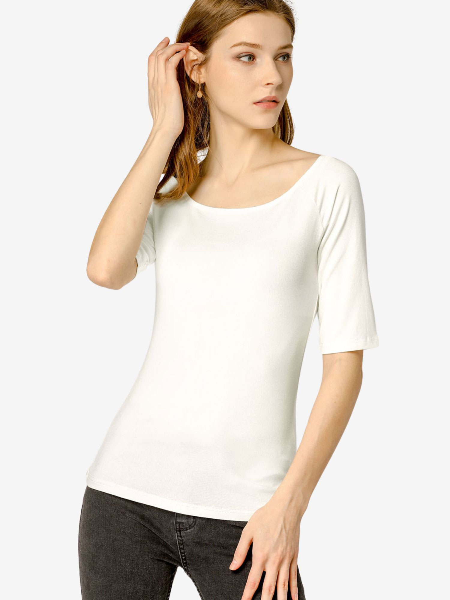 Scoop Neck Half Sleeves Fitted Layering Soft T-Shirt Beige/XS
