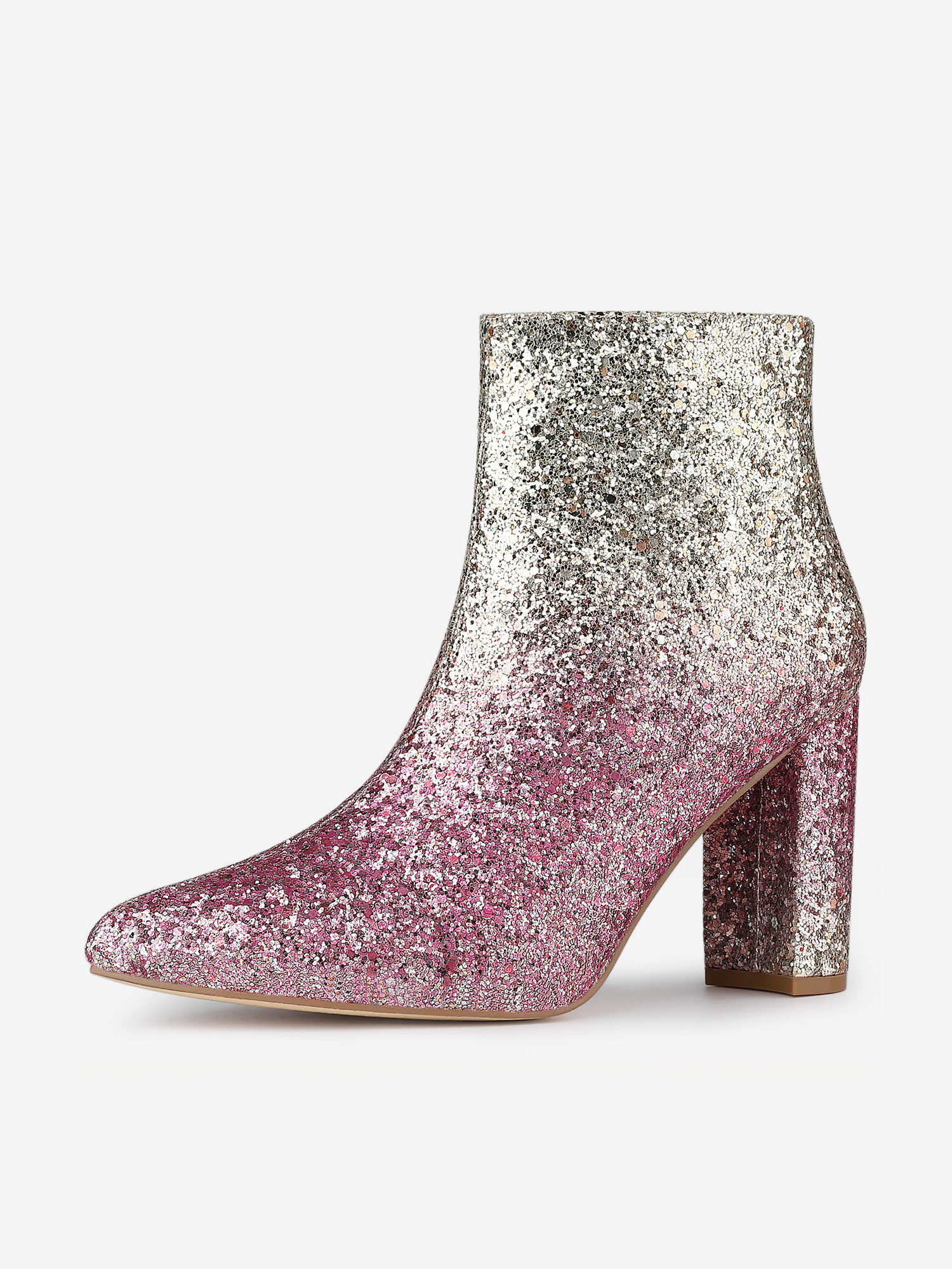 Glitter Pointed Toe Chunky Heel Zipper Ankle Boots Beige Pink/6