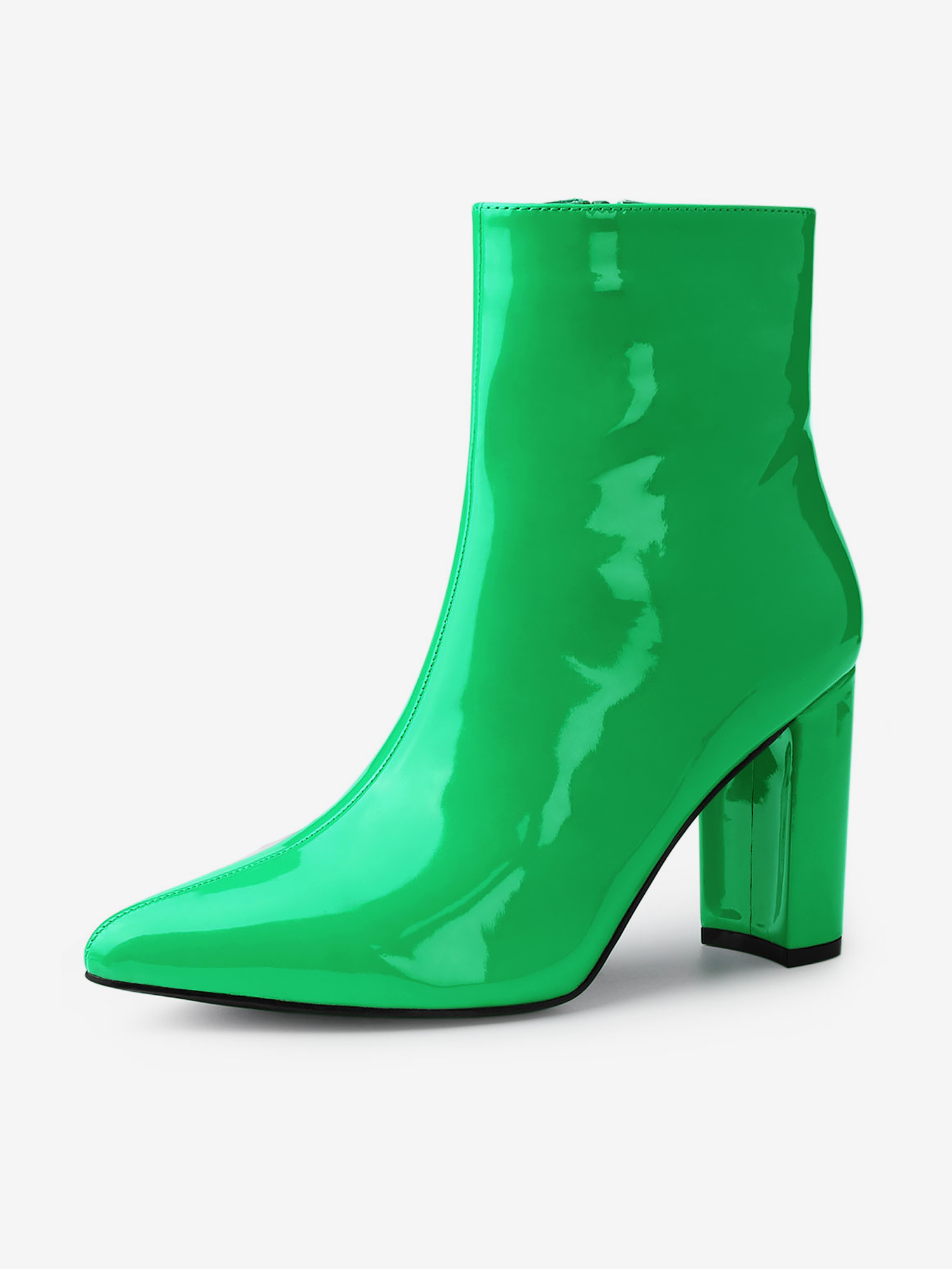 Faux Patent Leather Chunky Heel Pointed Toe Zipper Ankle Boots Green/6