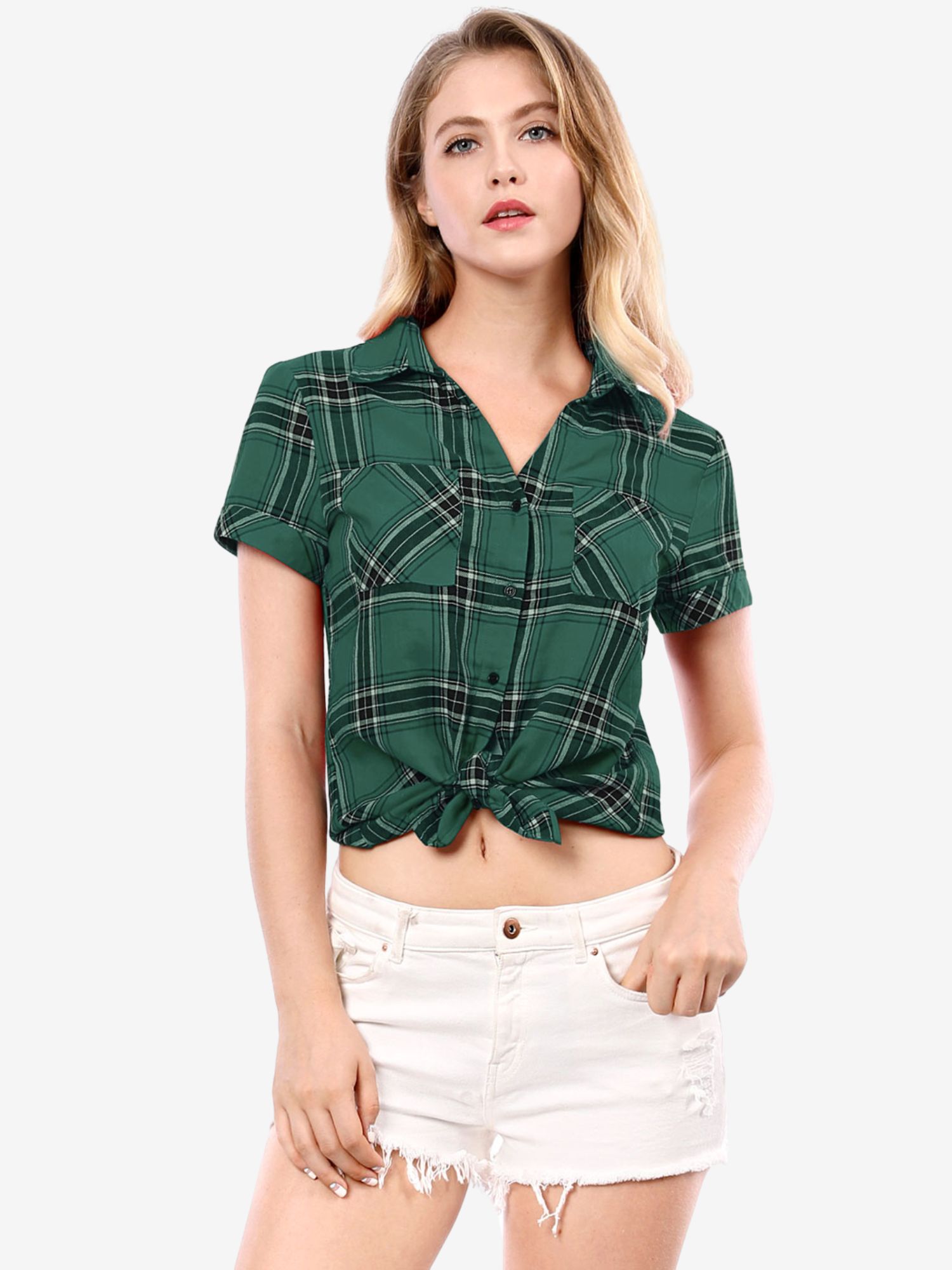 Cotton Classic Button Down Plaid Short Sleeve Shirt Green/XL