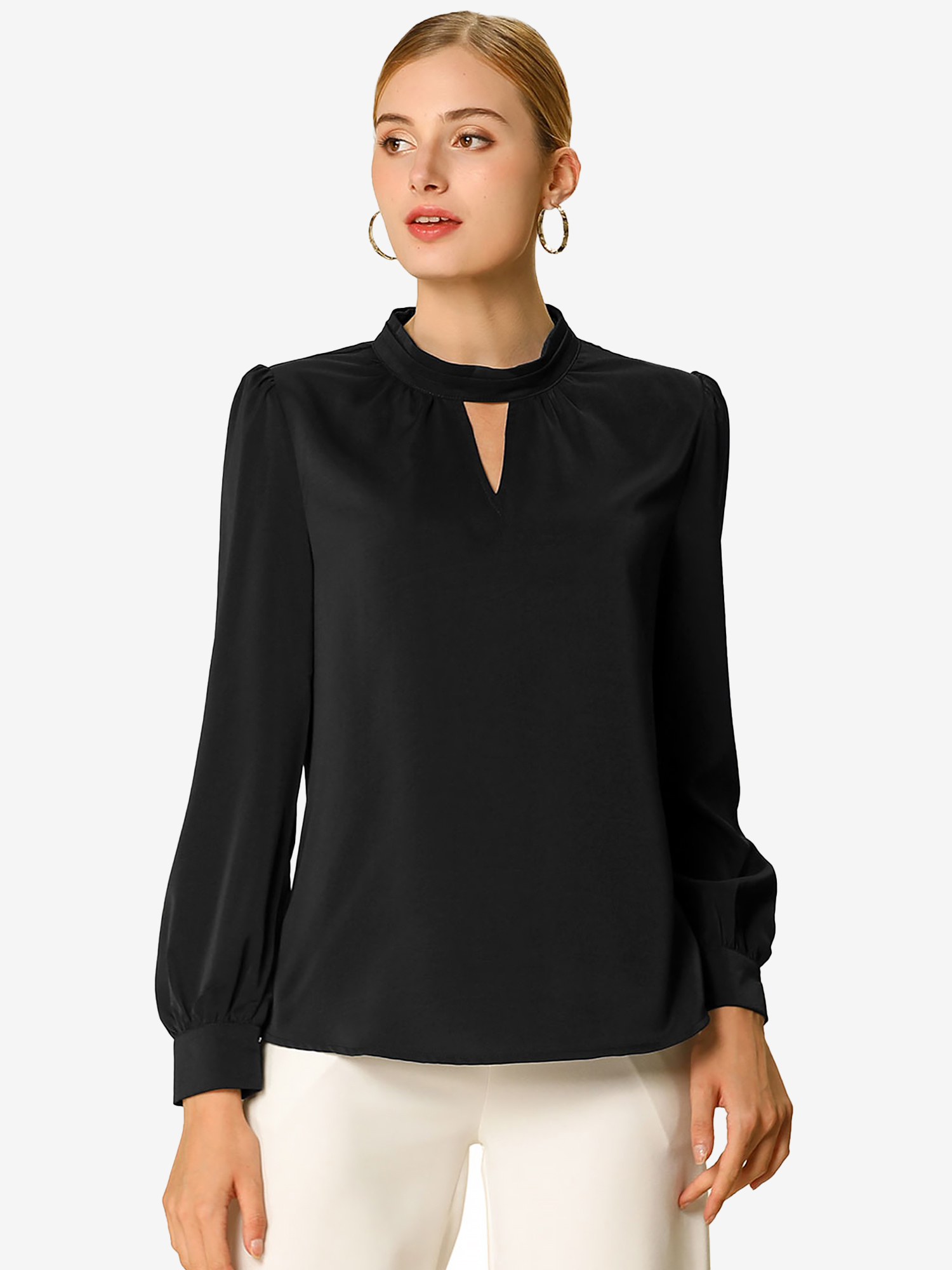 Keyhole Elegant Stand Collar Long Sleeve Chiffon Office Blouse Black/S