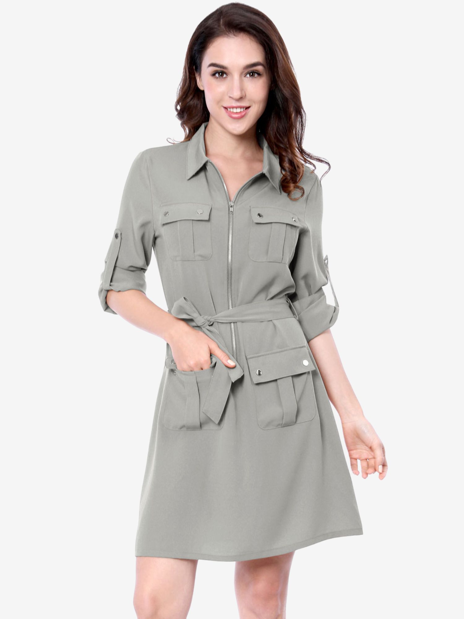 Roll Up Sleeve Multi-Pocket Safari Belted Collared Shirt Dress Gray/L